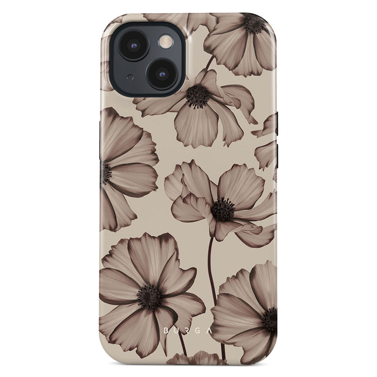 Een telefoonhoesje met een bloemenpatroon. Bruine bloemen met donkere centra op een beige achtergrond. Het merk "BURGA" is zichtbaar.