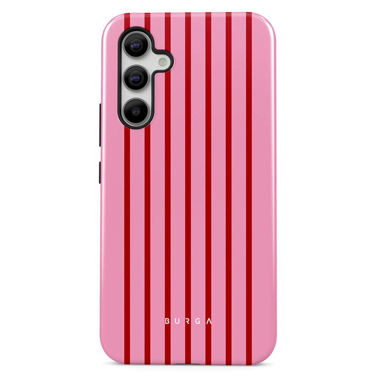 Een roze telefoonhoesje met rode verticale strepen. Het heeft een camera en het merk 'BURGA' onderaan.