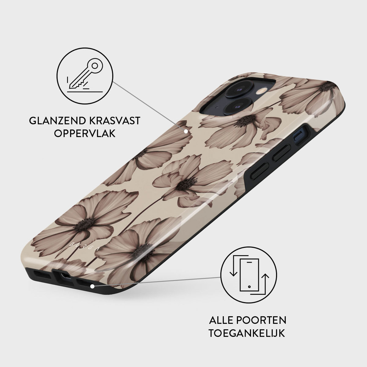 Een telefoonhoesje met een bloemenpatroon in bruintinten. Het heeft iconen en tekst in het Nederlands, die de kenmerken en toegankelijkheid aangeven.