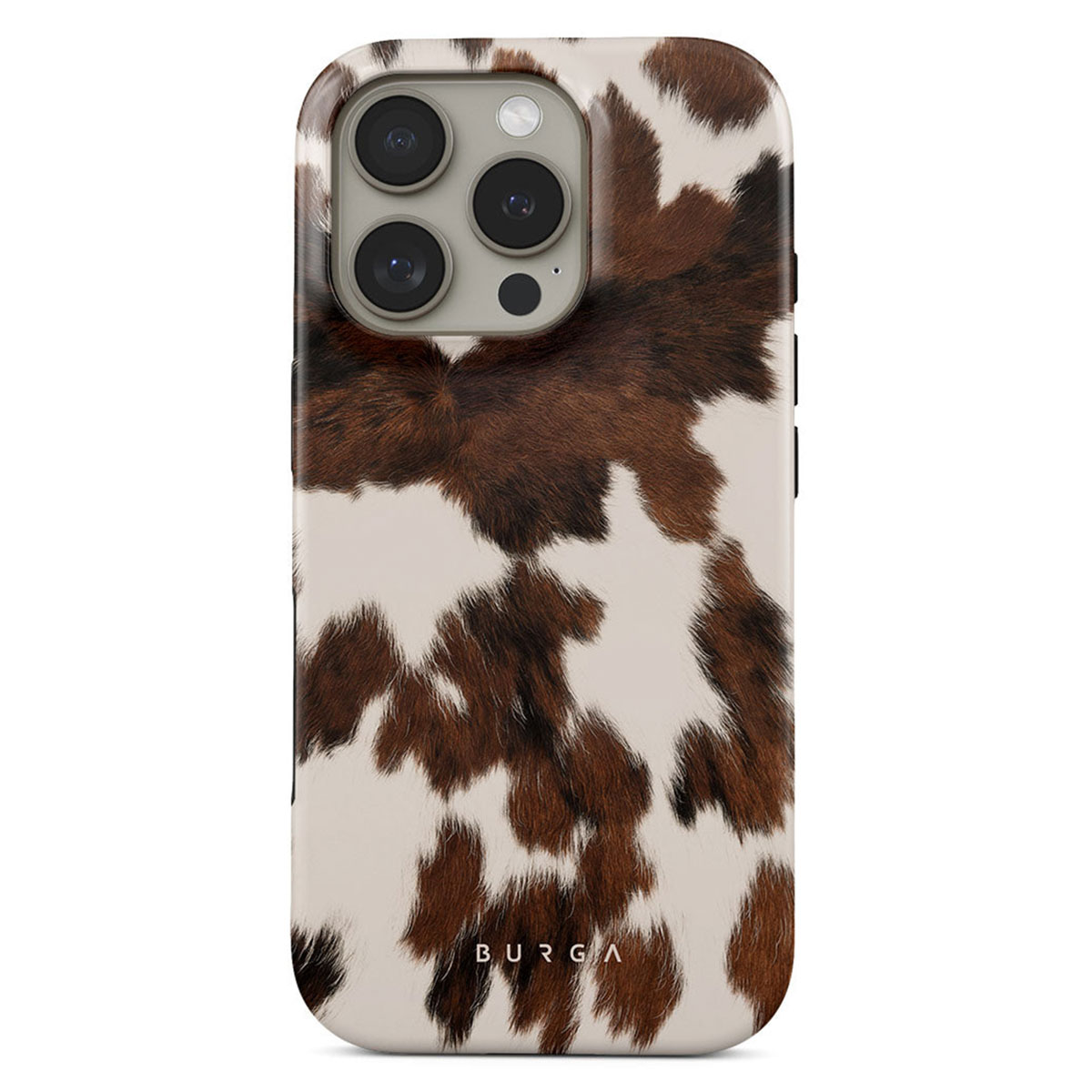 Een telefoonhoesje met een koeienvachtpatroon. Bruine en witte vlekken bedekken het oppervlak. De hoes heeft camera-uitsparingen en de merknaam BURGA.