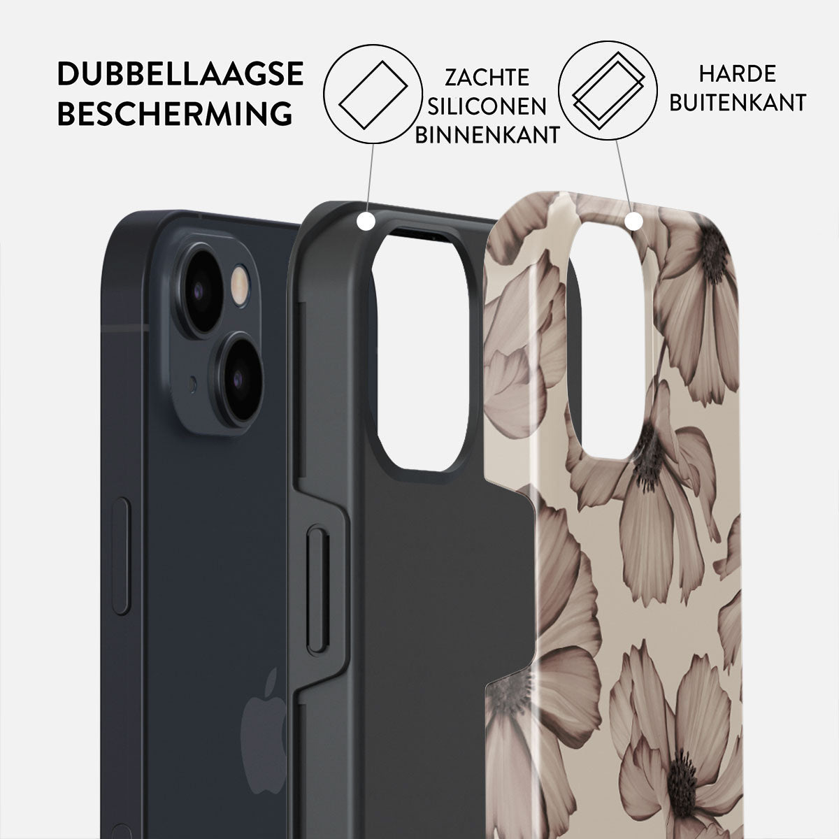Een iPhone in een beschermhoesje. De hoes is gelaagd en toont de binnenste siliconen en de buitenste harde schaal. Bloemenontwerp op de buitenste laag.