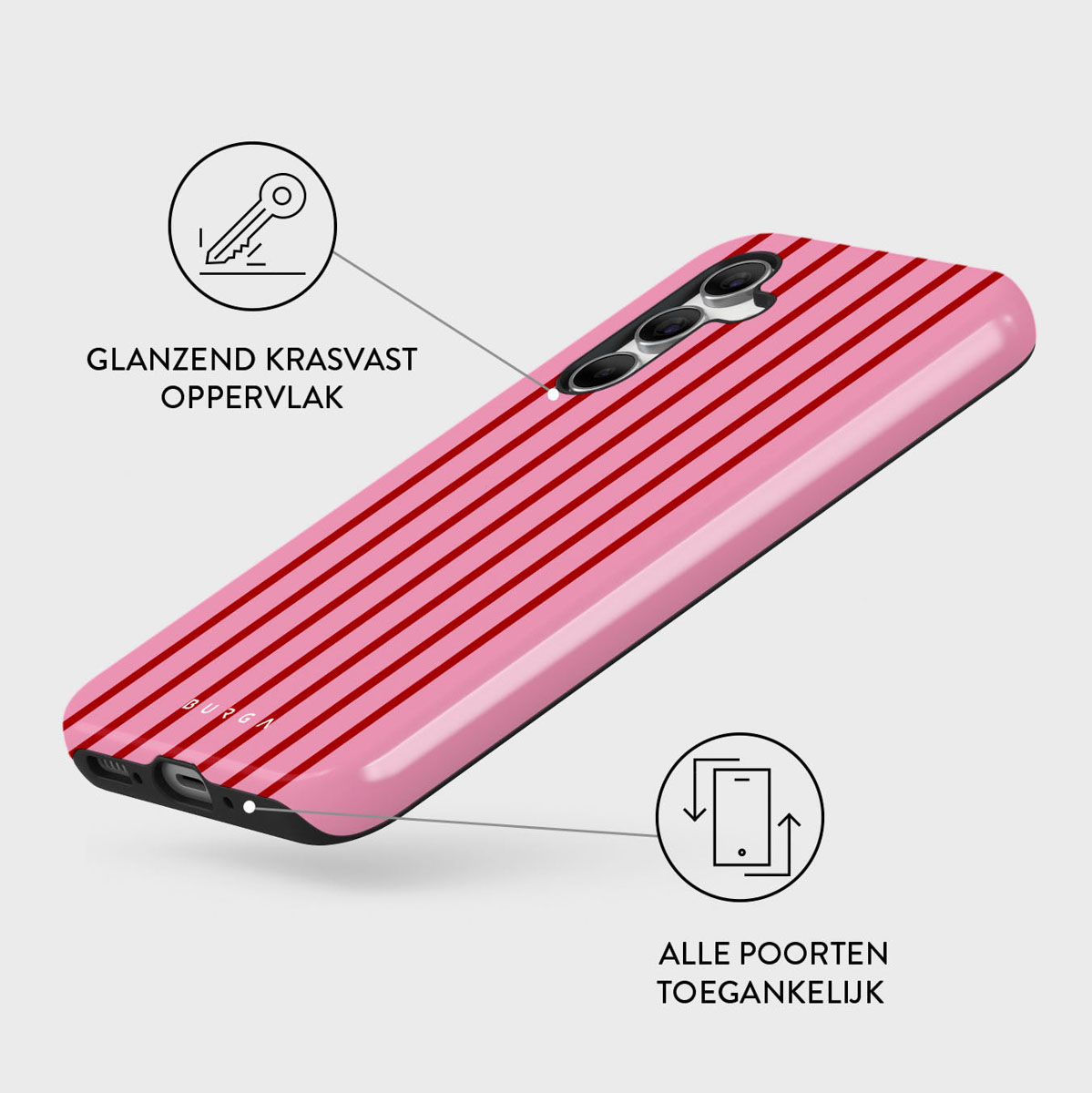 Roze telefoonhoesje met rode strepen, camera en tekst in het Nederlands, met iconen die functies aangeven zoals glanzend oppervlak en toegankelijke poorten.