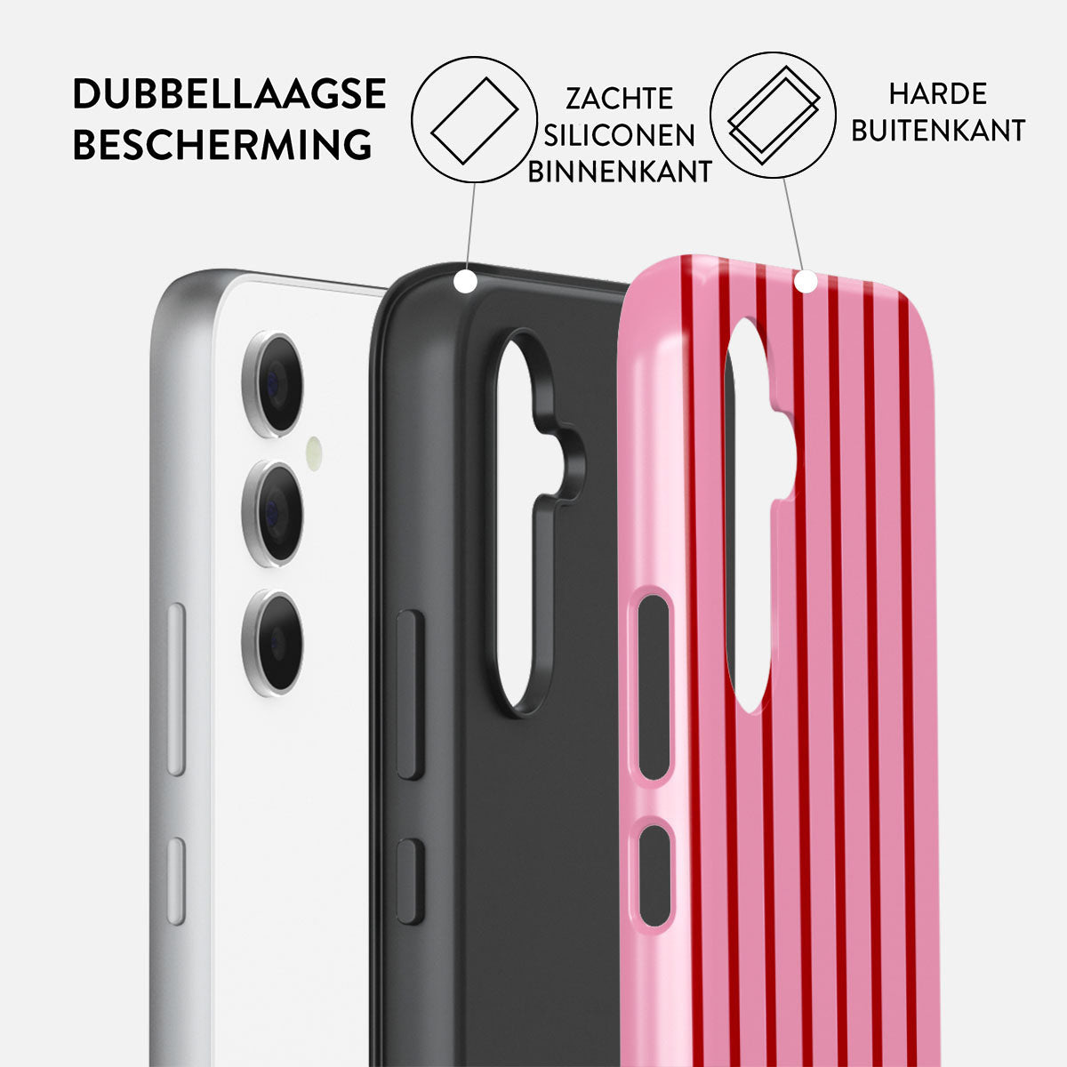 Een telefoonhoesje met drie lagen: witte telefoon, zwarte binnenlaag en roze gestreepte buitenlaag, die dubbele bescherming benadrukt.