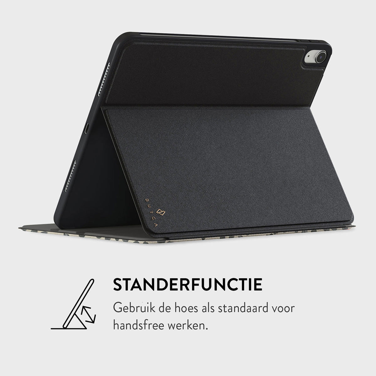 Black tablet in a case. The case is open, forming a stand. Text below says 'Stand function'.