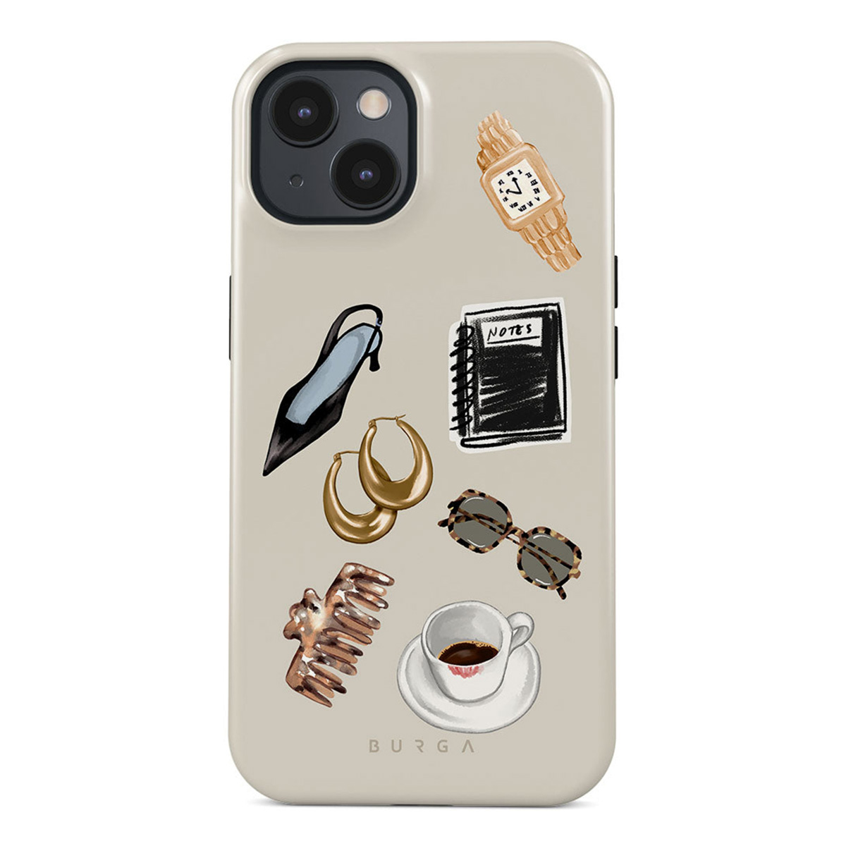 Een telefoonhoesje met tekeningen van accessoires: een schoen, oorbellen, een horloge, een bril, een kam, een notitieblok en een koffiekopje met lippenstift.