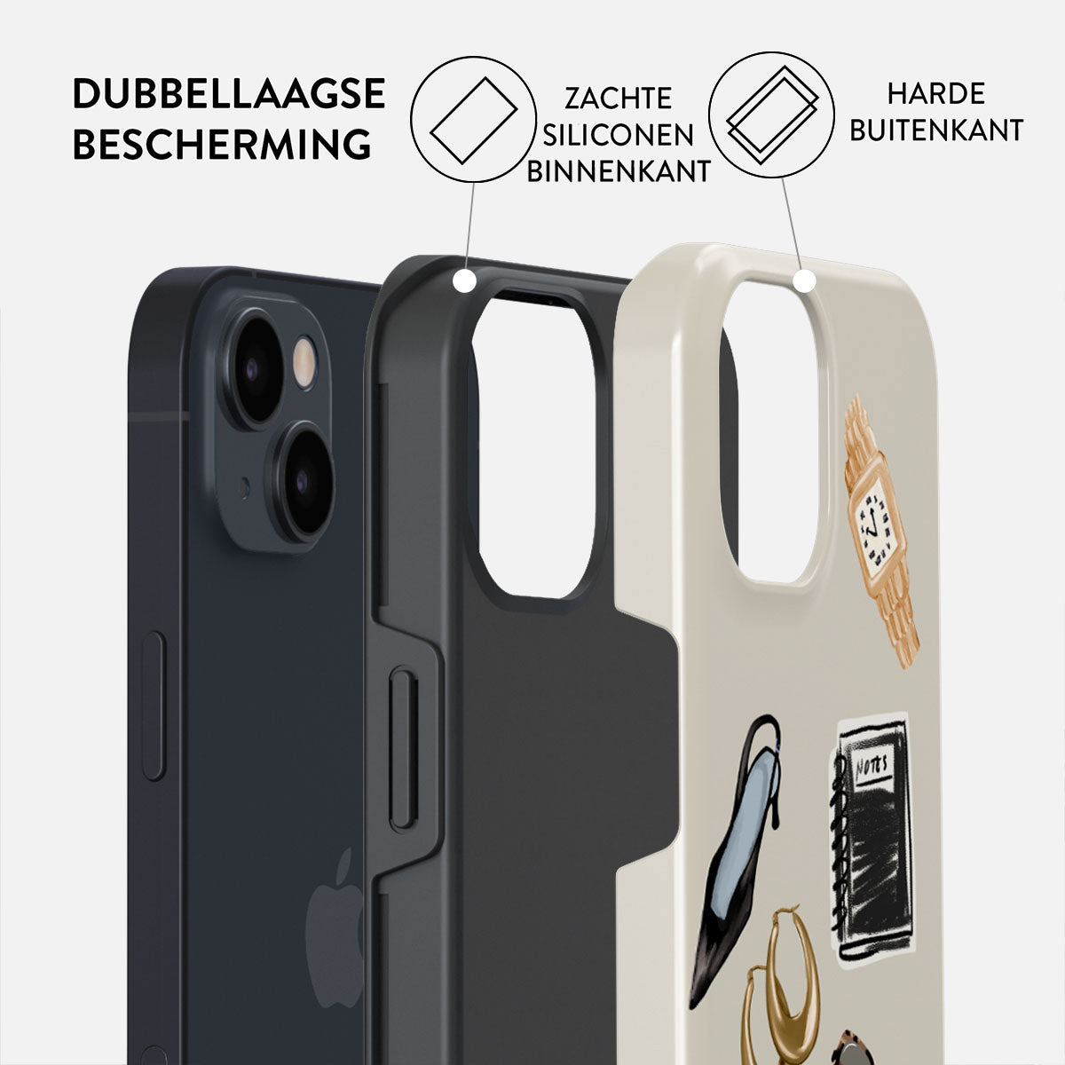 Afbeelding toont telefoons en beschermhoezen. De hoezen zijn zwart en crèmekleurig met tekeningen van een horloge en sieraden.