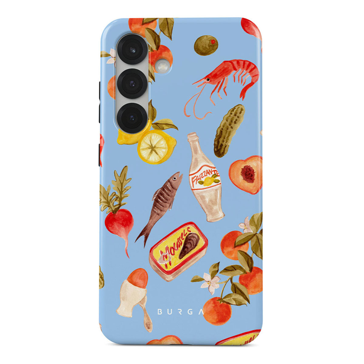 Een telefoonhoesje met een blauwe achtergrond en illustraties van etenswaren zoals garnalen, vis, citroen, perzik, mosselen en olijven.