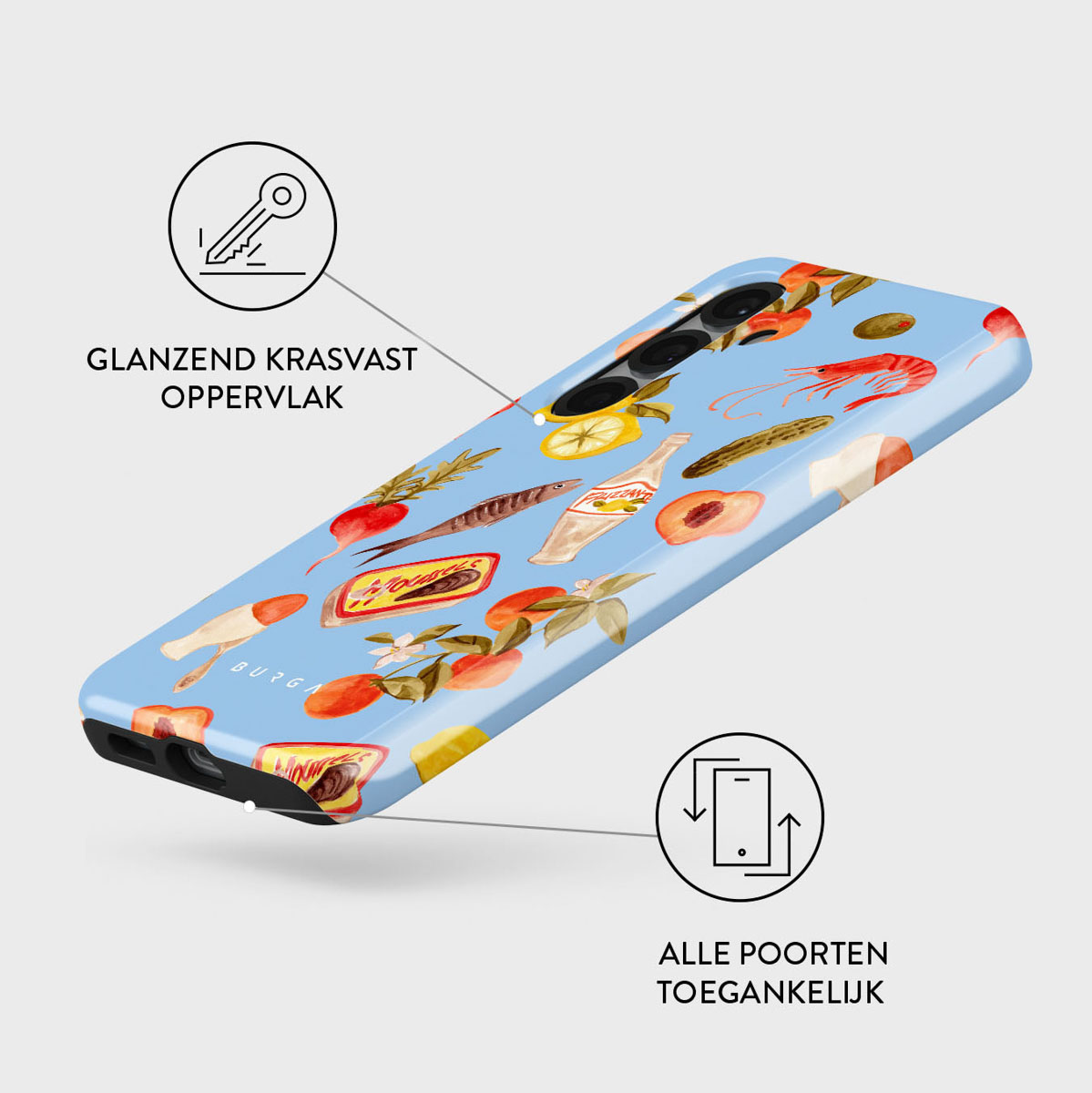 Een blauwe telefoonhoes versierd met voedselillustraties zoals garnalen, citroen en perziken. Tekstballonnen beschrijven functies.