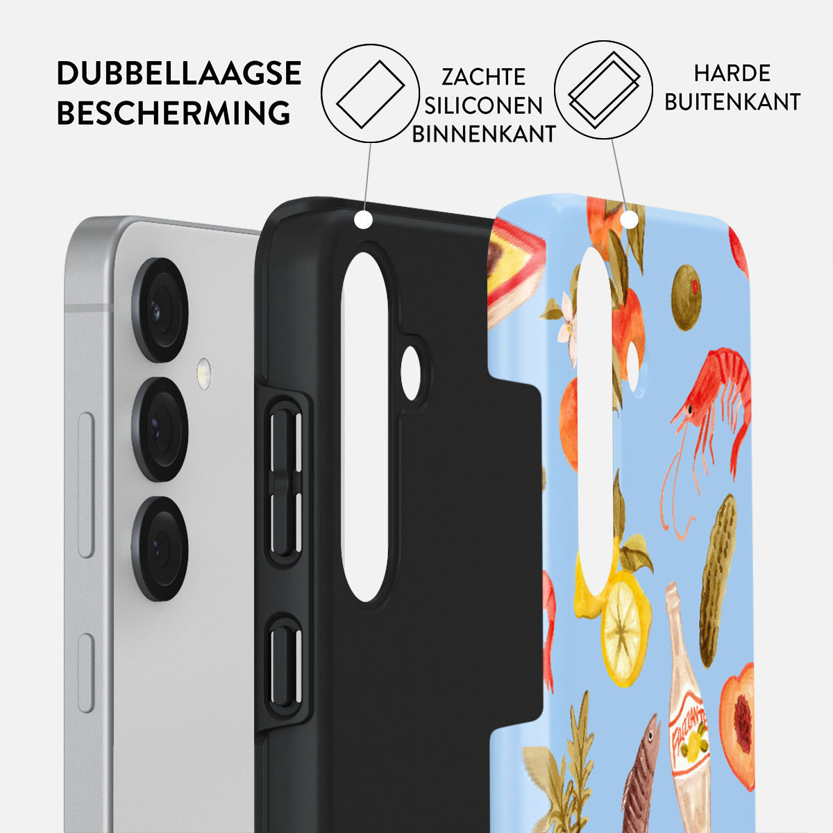 Telefoonhoesje met dubbellaagse bescherming. De binnenlaag is zacht siliconen, de buitenlaag hard. Blauwe cover met voedselillustraties.