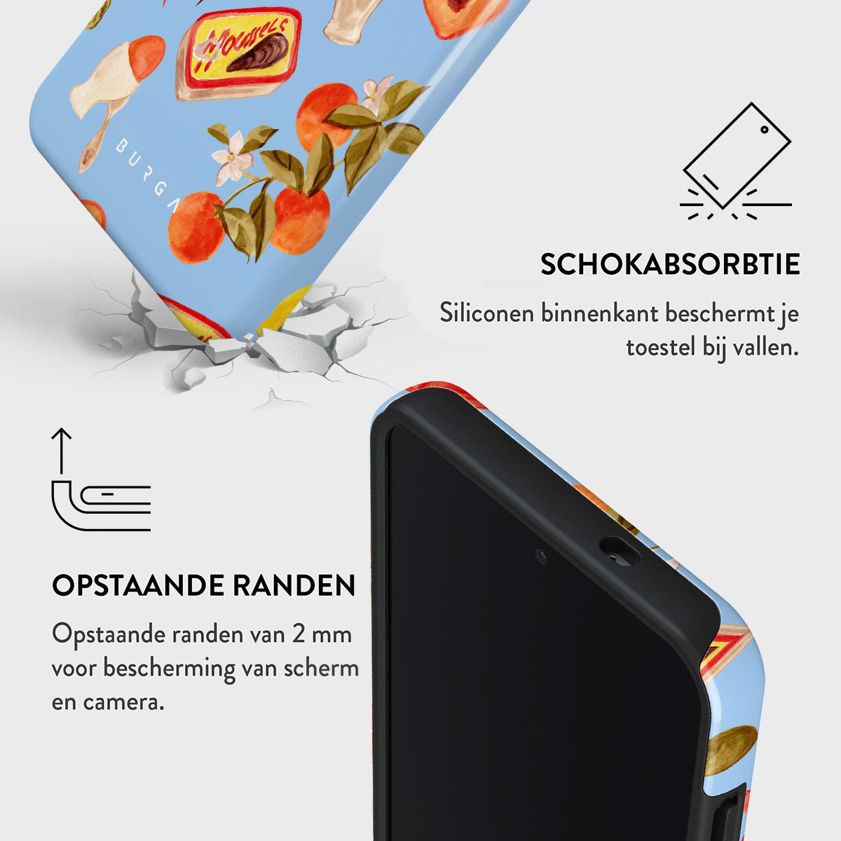 Een telefoonhoesje met voedselillustraties wordt getoond. De tekst benadrukt schokabsorptie en verhoogde randen.