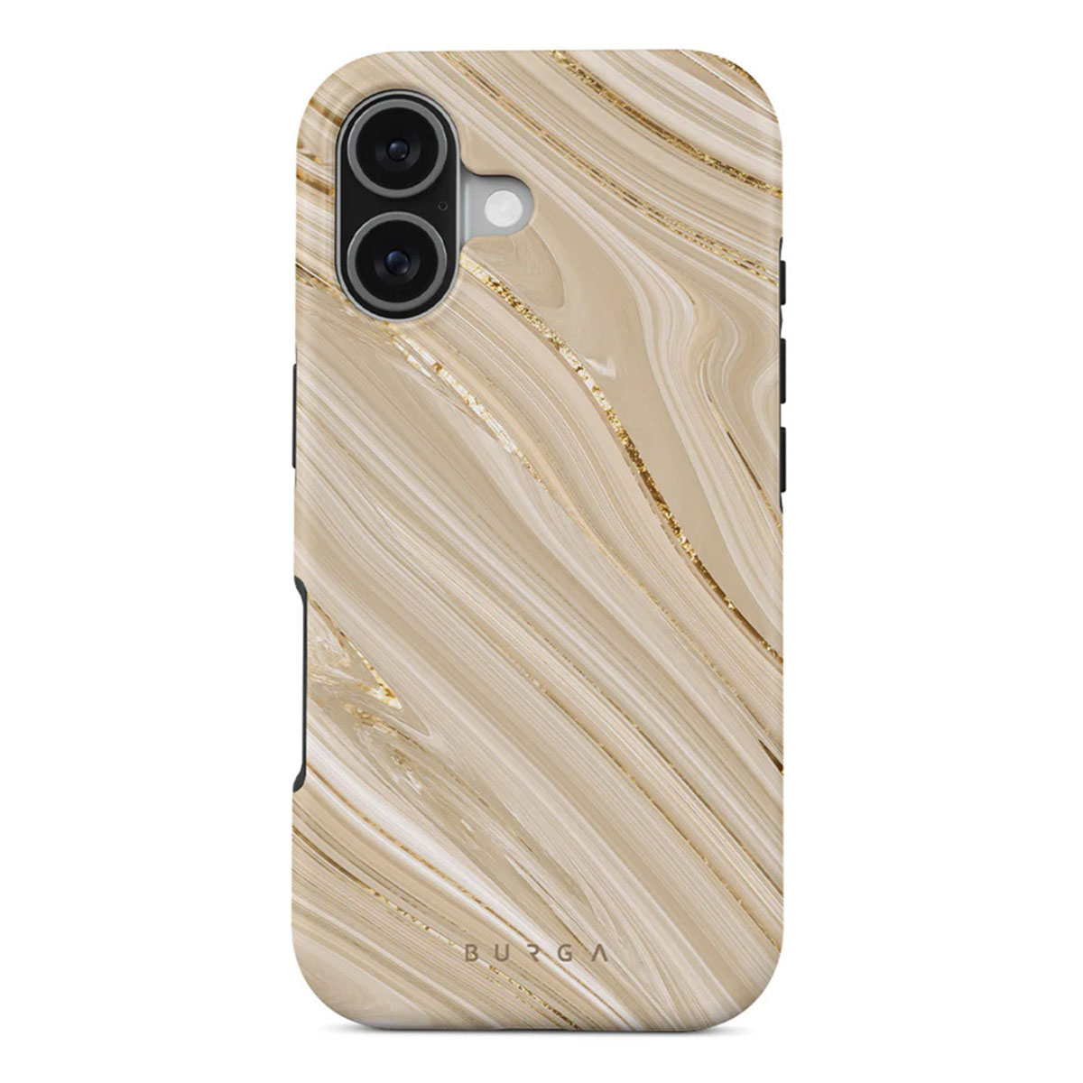 Une coque de téléphone avec un motif marbré. Fond beige avec des stries dorées. Possède des lentilles de caméra et la marque BURGA.