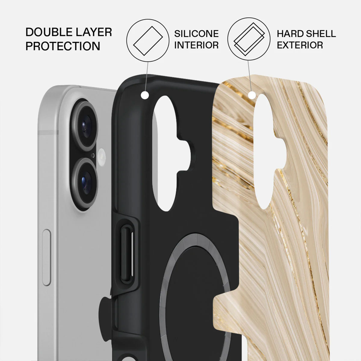 Une vue éclatée montre un étui de téléphone avec des couches : double protection, intérieur en silicone et extérieur en coque dure avec un motif marbré.