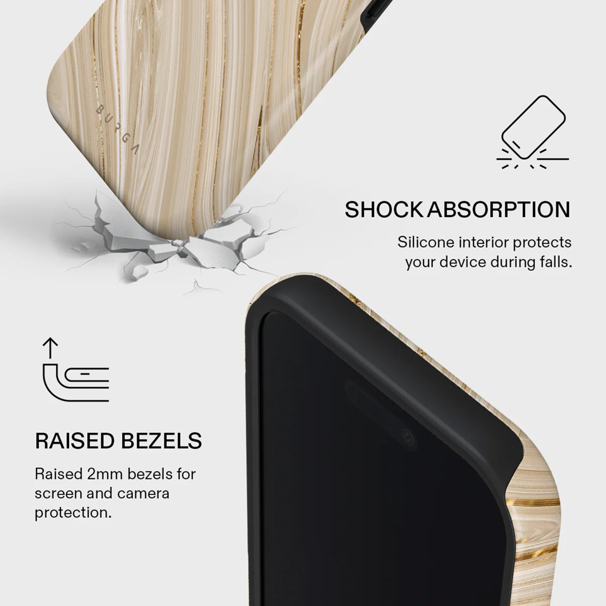 Détail de l'étui de téléphone. Caractéristiques : absorption des chocs, rebords surélevés pour protéger l'écran et l'appareil photo. Motif grain de bois clair.