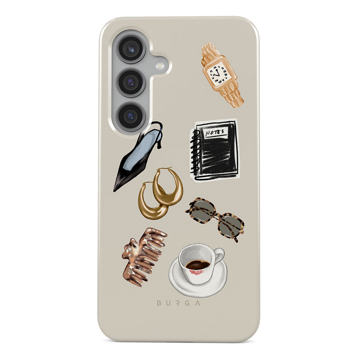 Een telefoonhoesje met modeartikelen zoals hakken, oorbellen, zonnebril, horloge, koffie en notities.