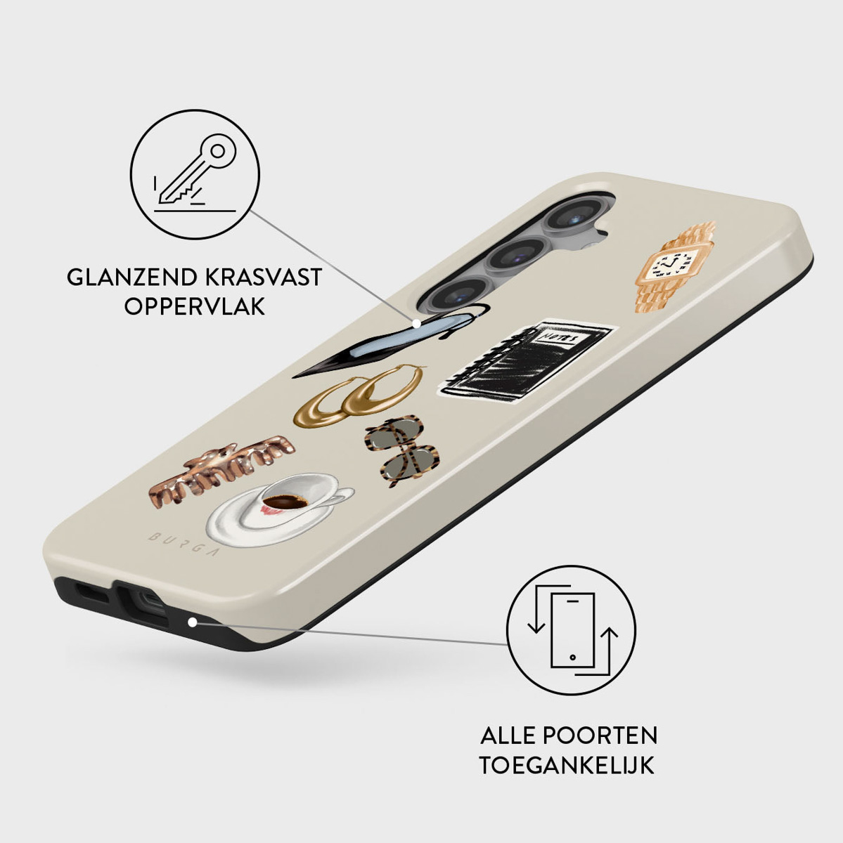 Een telefoonhoesje met tekeningen: oorbellen, zonnebril, horloge en koffiekopje. De hoes is lichtbeige. Tekst in het Nederlands.