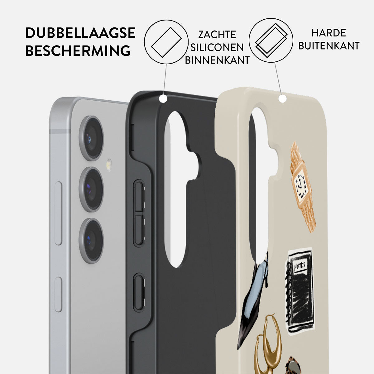 Telefoonhoesje met dubbellaagse bescherming. Illustraties van een horloge, schoen, oorbellen en notitieboekje op de achterkant.