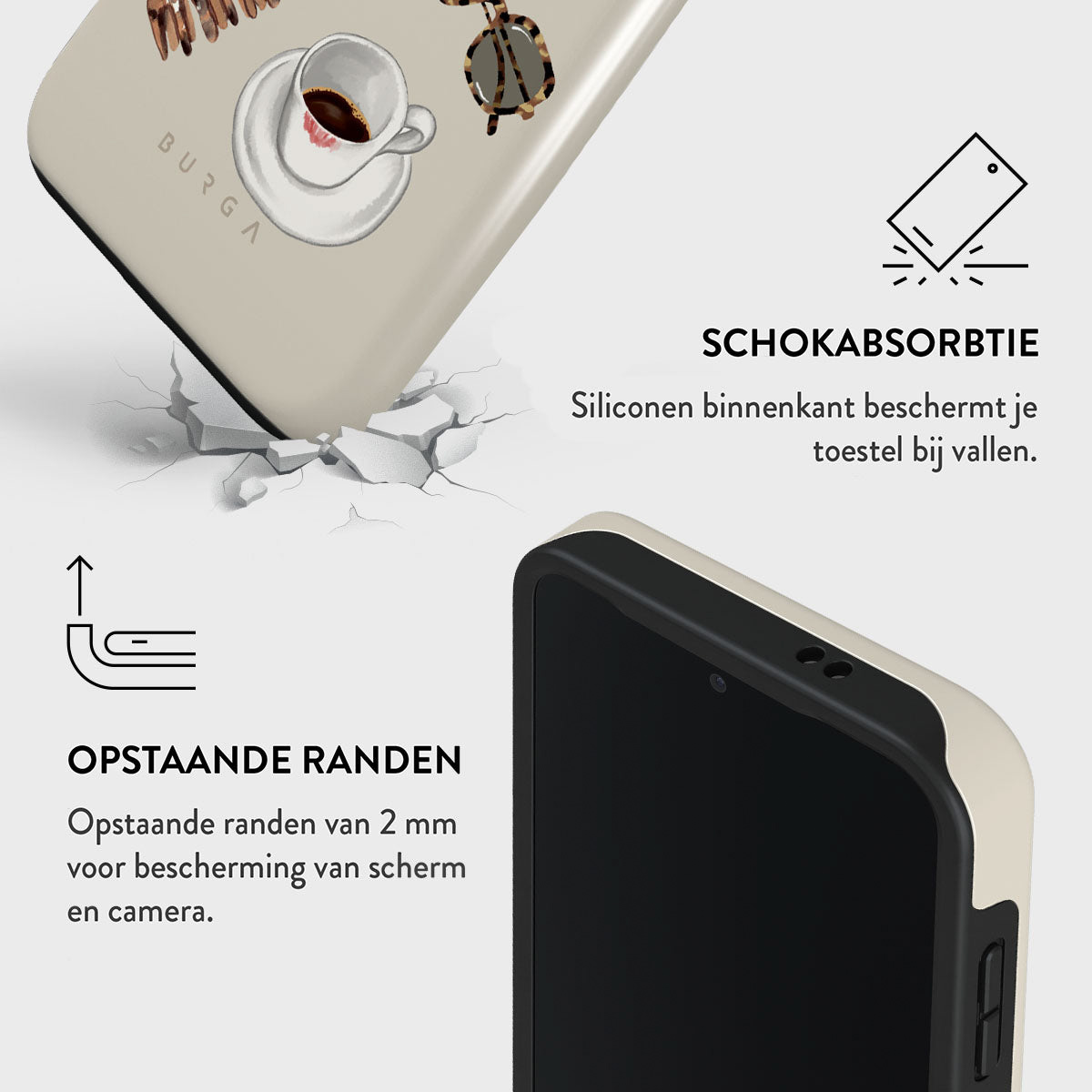 Telefoonhoesje met koffiekopje design. Bevat tekst 'SCHOKABSORBTIE' en 'OPSTAANDE RANDEN'. Toont een telefoon in een hoesje.