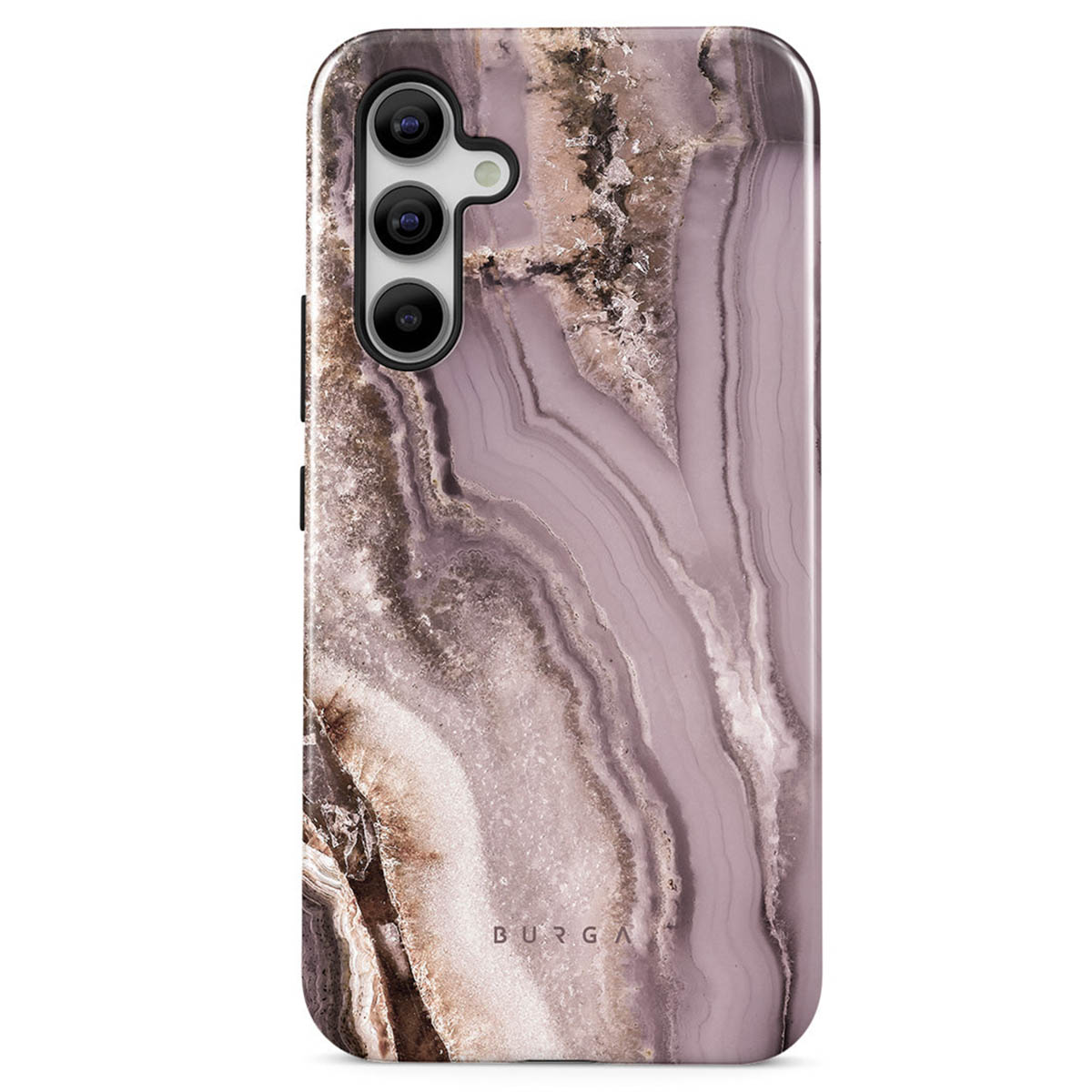 Une coque de téléphone avec un design en marbre violet, marron et blanc. Elle a des découpes pour l'appareil photo et la marque 'BURGA'.