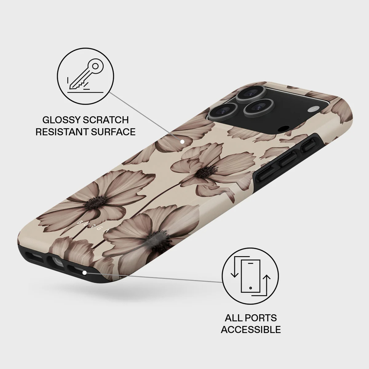 Een telefoonhoesje met bloemenpatroon. Kenmerken zijn glanzende krasbestendigheid en toegankelijke poorten. De achtergrond is lichtgrijs.