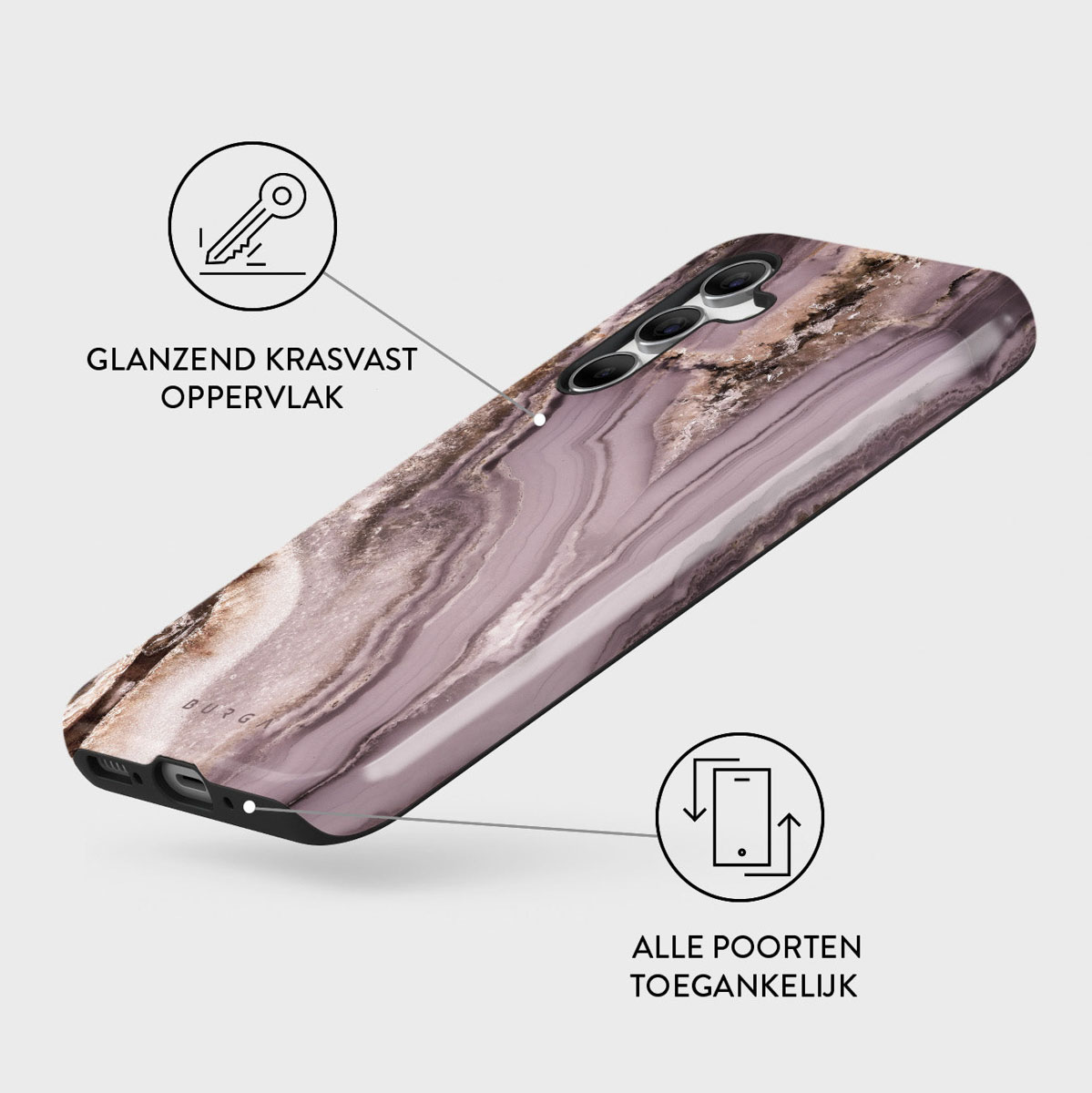 Une coque de téléphone avec un motif marbré dans les tons rose, marron et blanc. Elle a une finition brillante et la marque est visible.