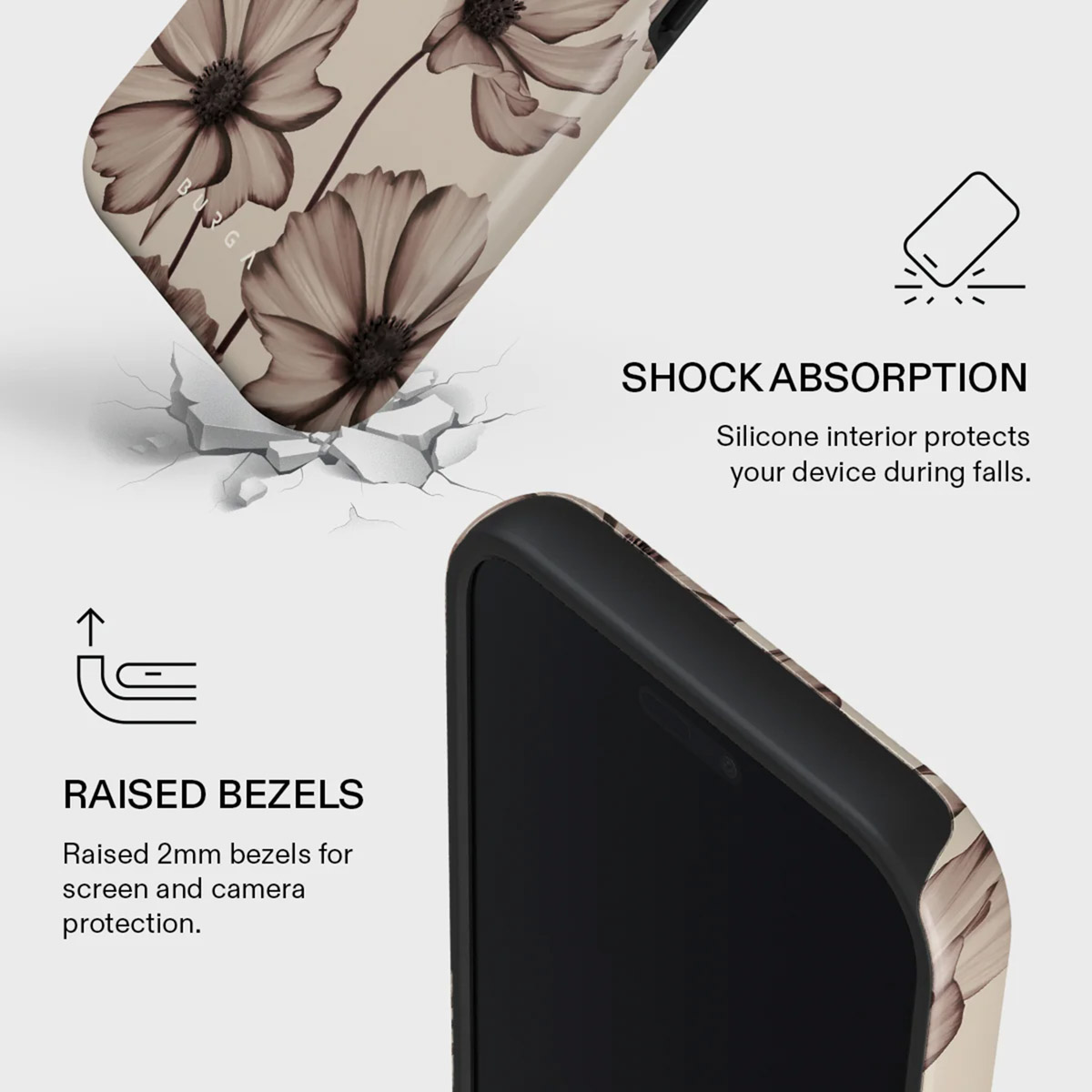 Een telefoonhoesje met bloemenontwerp. Kenmerken: verhoogde randen en schokabsorptie voor scherm- en camerabescherming.