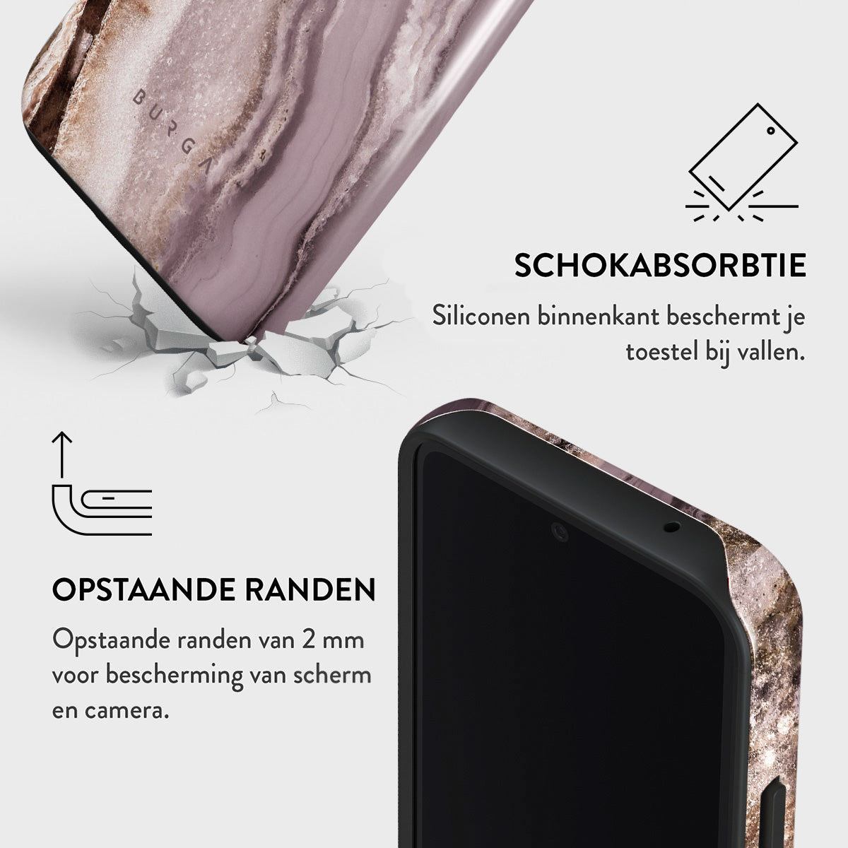 Un étui de téléphone avec un motif marbré est présenté, ainsi qu'un texte sur l'absorption des chocs et les bords surélevés pour protéger l'écran et l'appareil photo.