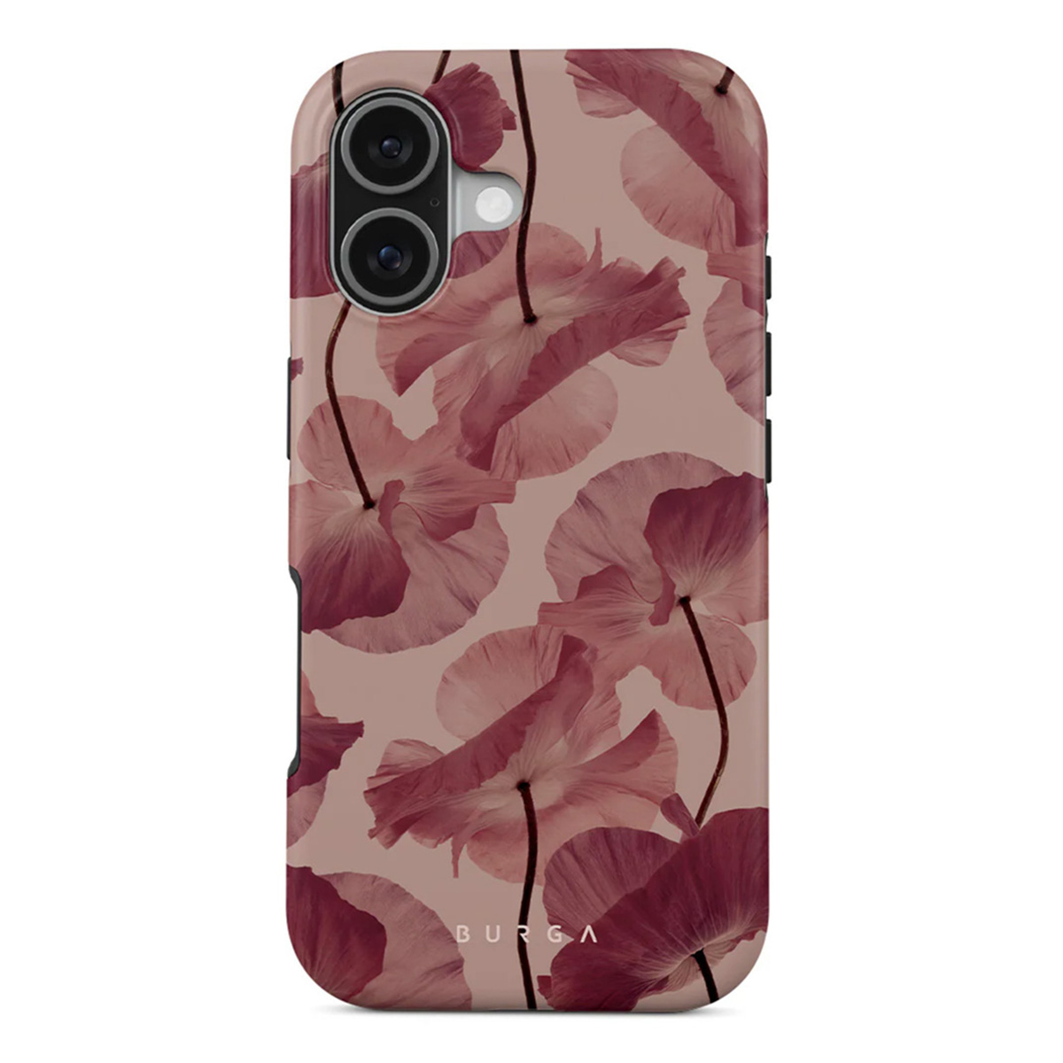 Telefoonhoesje met een bloemenpatroon. Lichtroze klaprozen zijn verspreid over een gedempte roze achtergrond. De hoes heeft een camera-uitsparing.