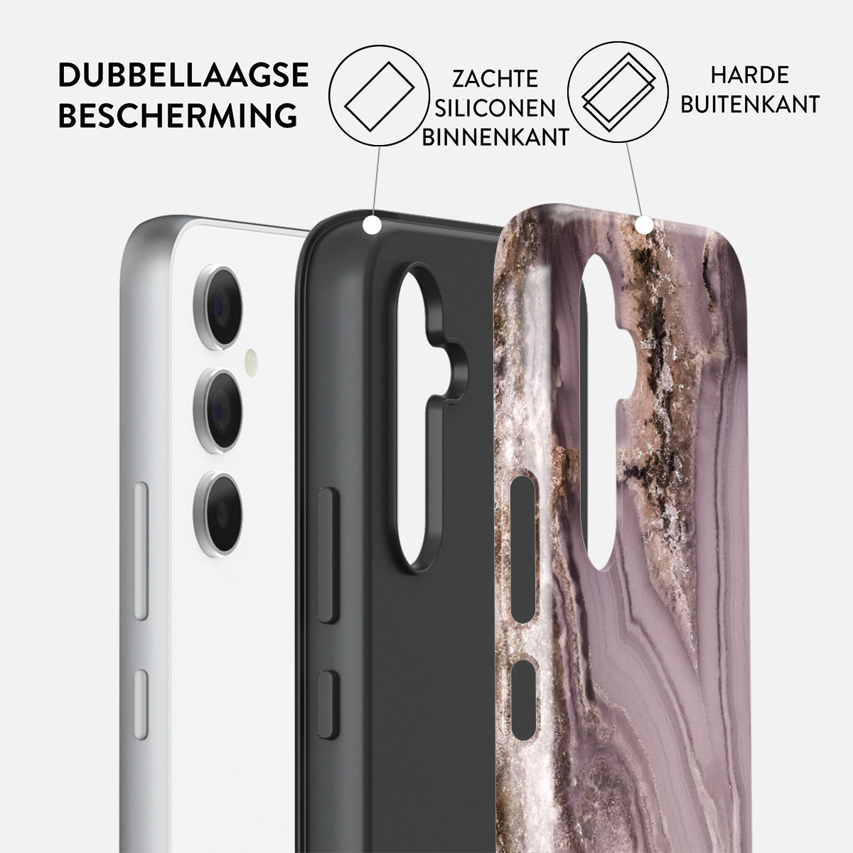 Une coque de téléphone avec un design en marbre. Elle possède des couches de protection, dont une couche interne en silicone souple et une externe dure.