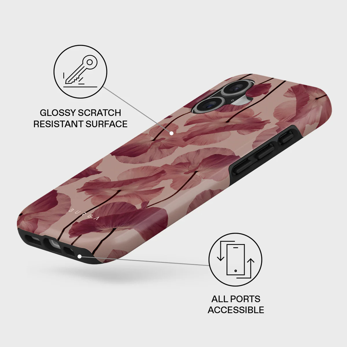 Een telefoonhoesje met een bloemenpatroon in rood- en roze tinten wordt getoond. Het heeft een glanzend, krasbestendig oppervlak.