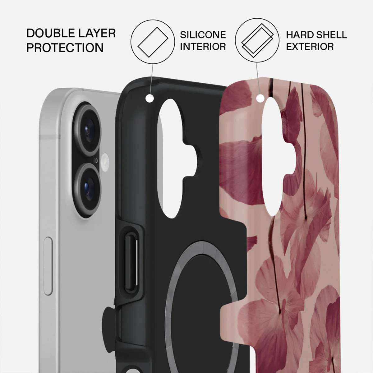 Telefoonhoeslagen, met dubbele bescherming. Een telefoon, een zwart siliconen interieur en een bloemrijke harde buitenkant.