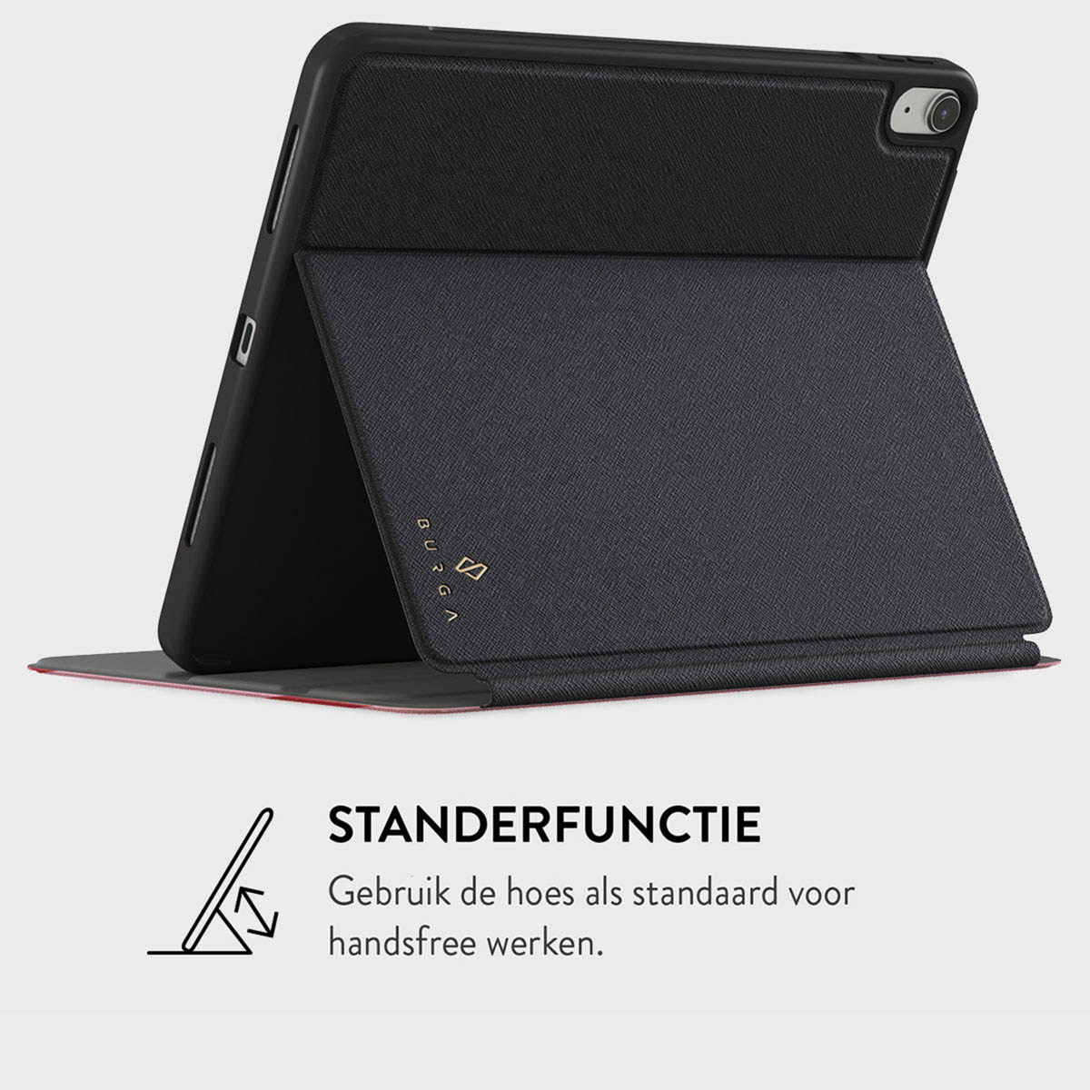 Un étui de tablette noir est dressé. L'étui a une surface texturée. La marque est visible. Un diagramme montre une fonction de support.