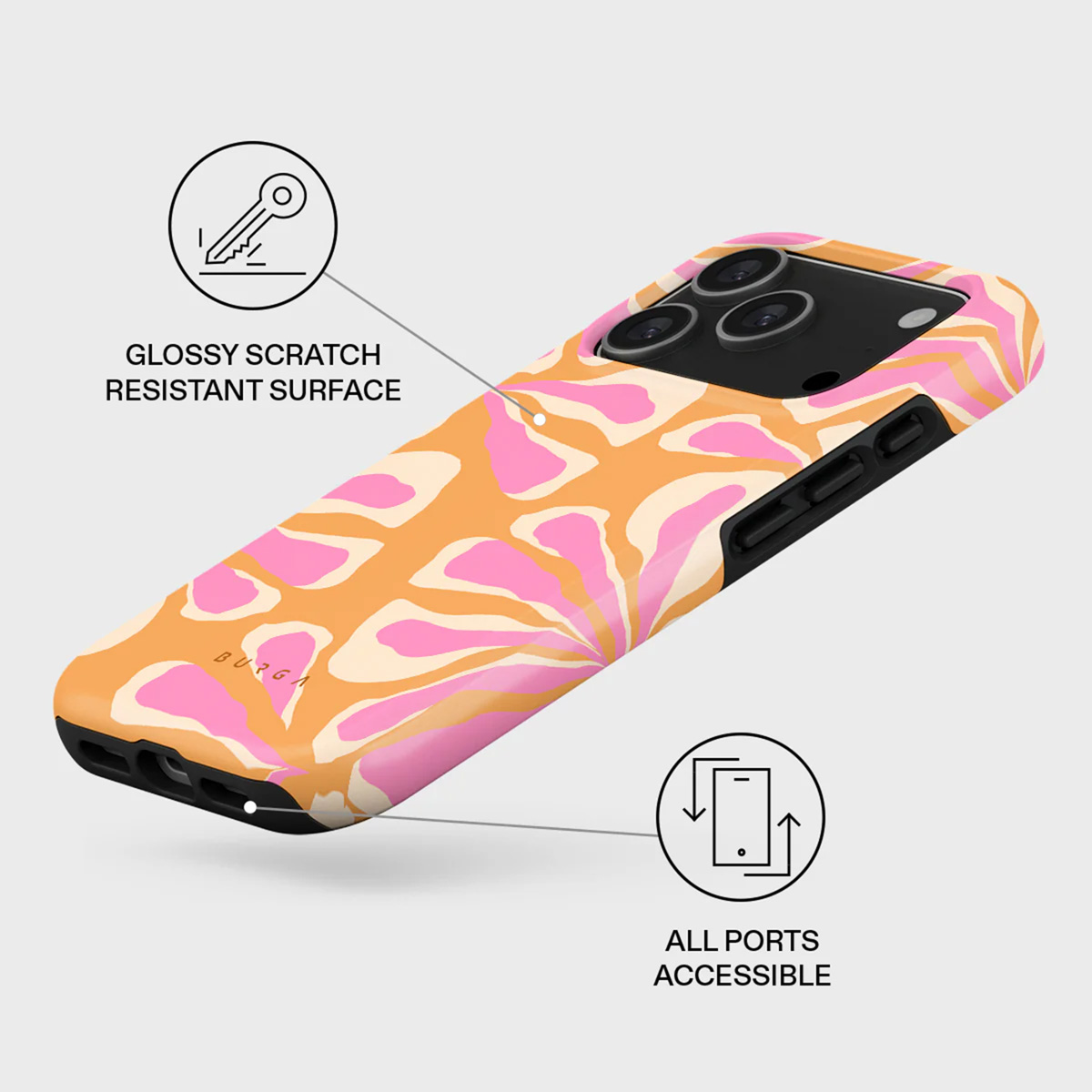 Een telefoonhoesje met een bloemenpatroon in oranje en roze. Het heeft een glanzend oppervlak en alle poorten zijn toegankelijk.