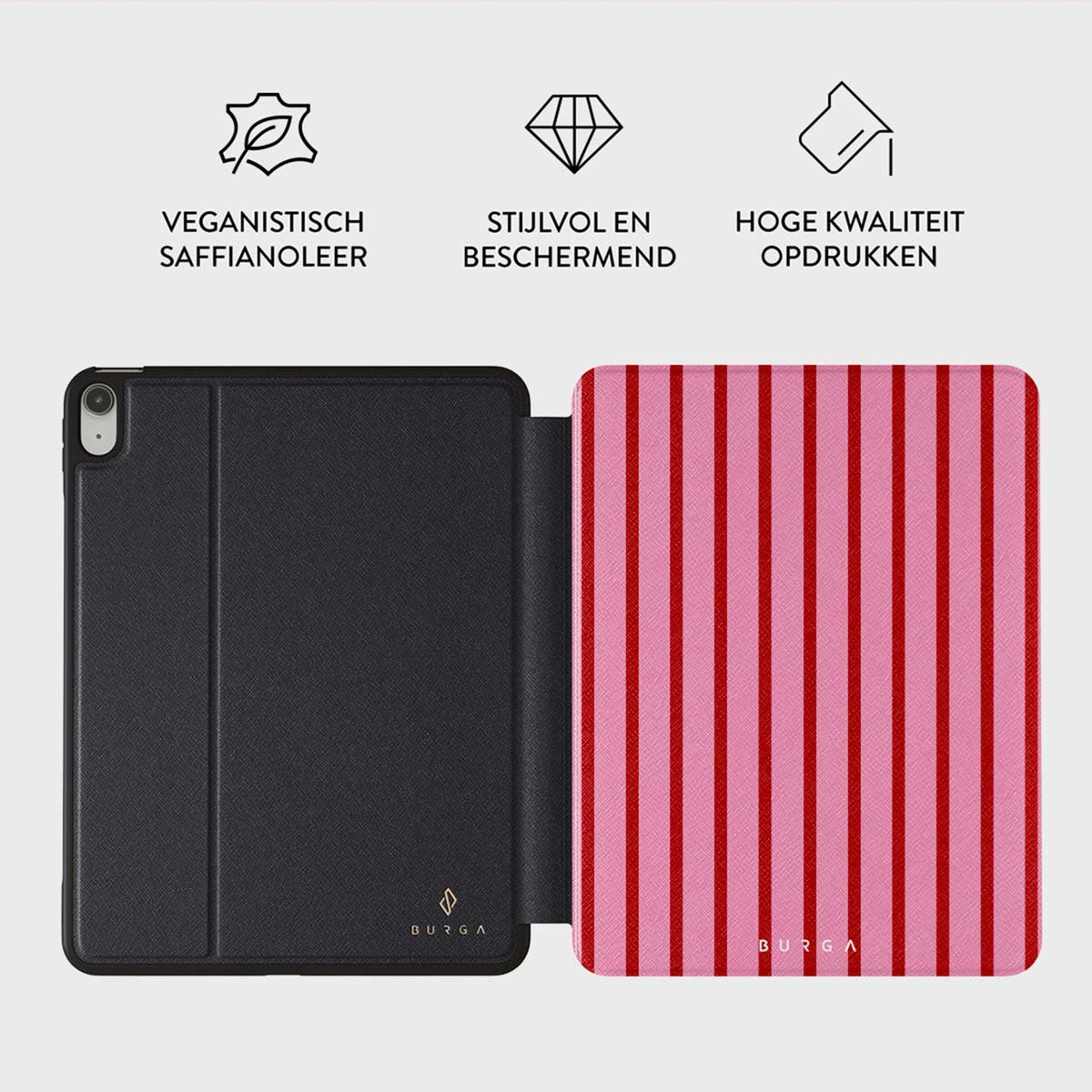 Étui iPad noir ouvert pour révéler un intérieur à rayures roses et rouges. Le texte ci-dessus indique cuir végétalien, élégant et de haute qualité.