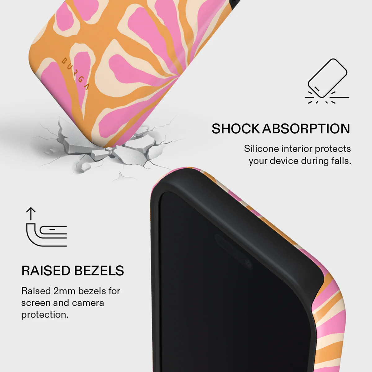 Telefoonhoesje met roze, oranje en crèmekleurig bloemenpatroon. Kenmerken: Verhoogde randen en schokabsorptie. Telefoonscherm is zwart.