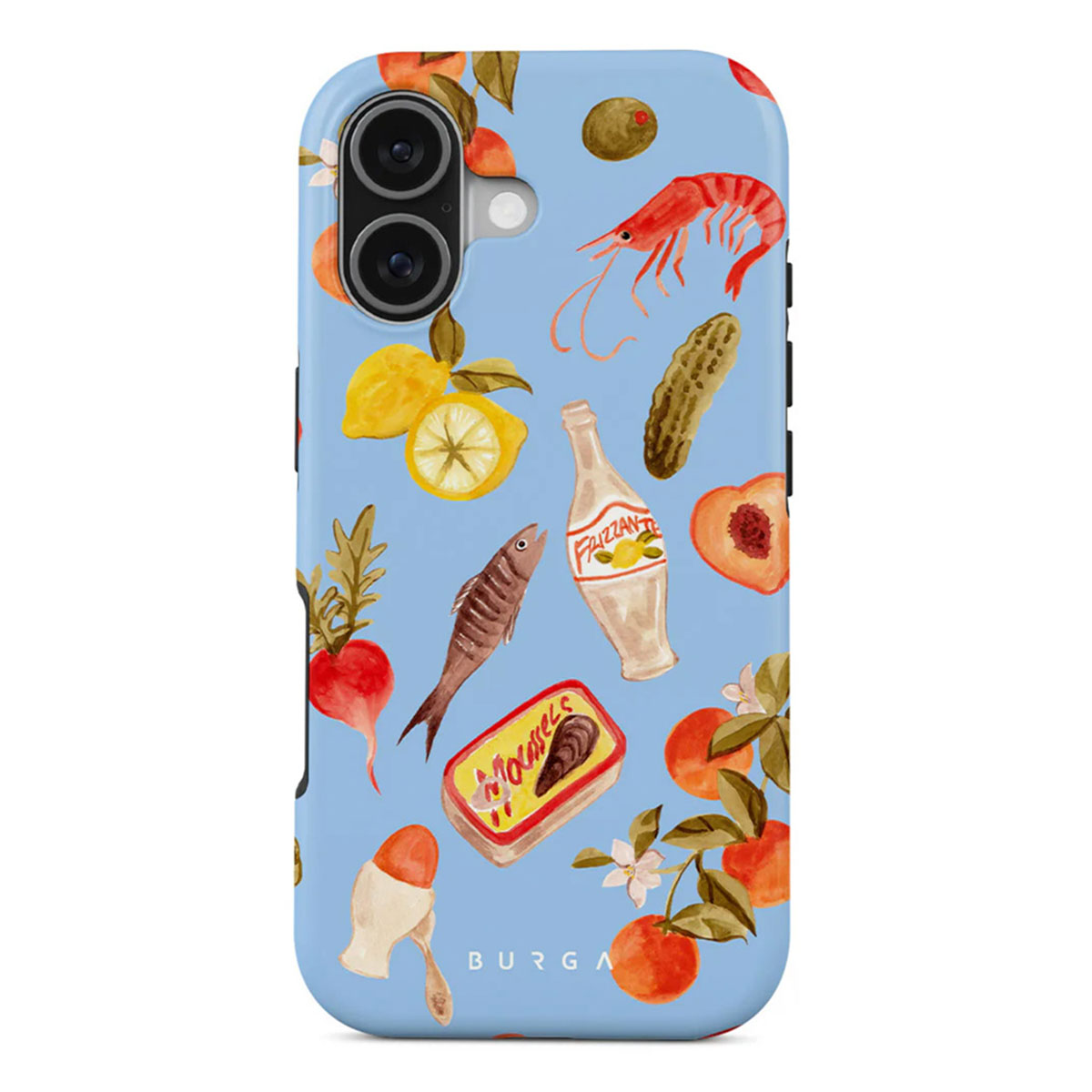 Telefoonhoesje met voedselillustratie: garnalen, citroenen, vis, mosselen, perzik, olijven, radijs, fles en sinaasappels.