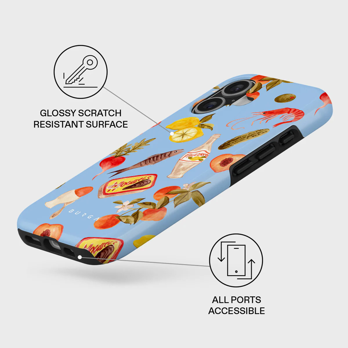 Een lichtblauwe telefoonhoes met illustraties van voedsel zoals citroenen, perziken, garnalen en sardines.