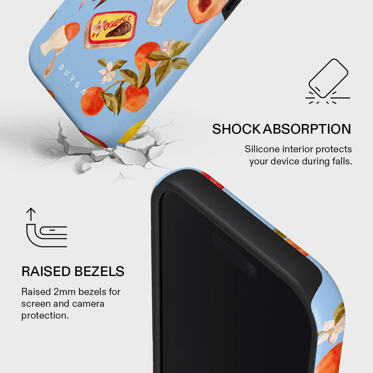 Een telefoonhoesje met een blauwe achtergrond en illustraties van perziken en eten. Verhoogde randen en schokabsorptie worden uitgelicht.