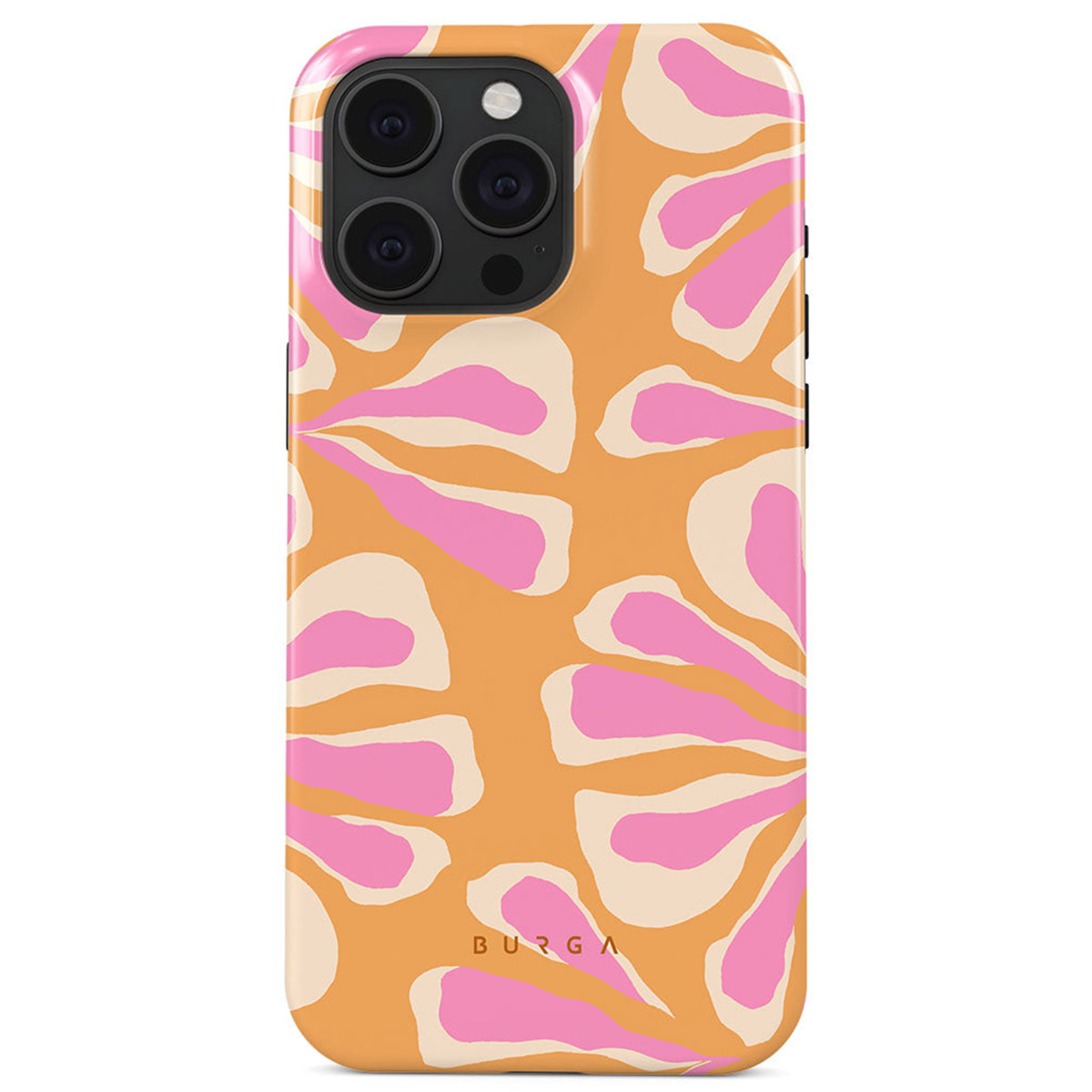 Telefoonhoesje met oranje achtergrond en roze en witte bloemen. De camera van de telefoon is zichtbaar bovenaan.