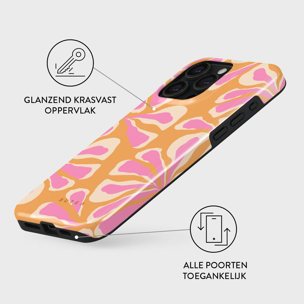 Een telefoonhoesje met een oranje achtergrond en roze bloemendesign. Glanzend, krasbestendig oppervlak met toegankelijke poorten.