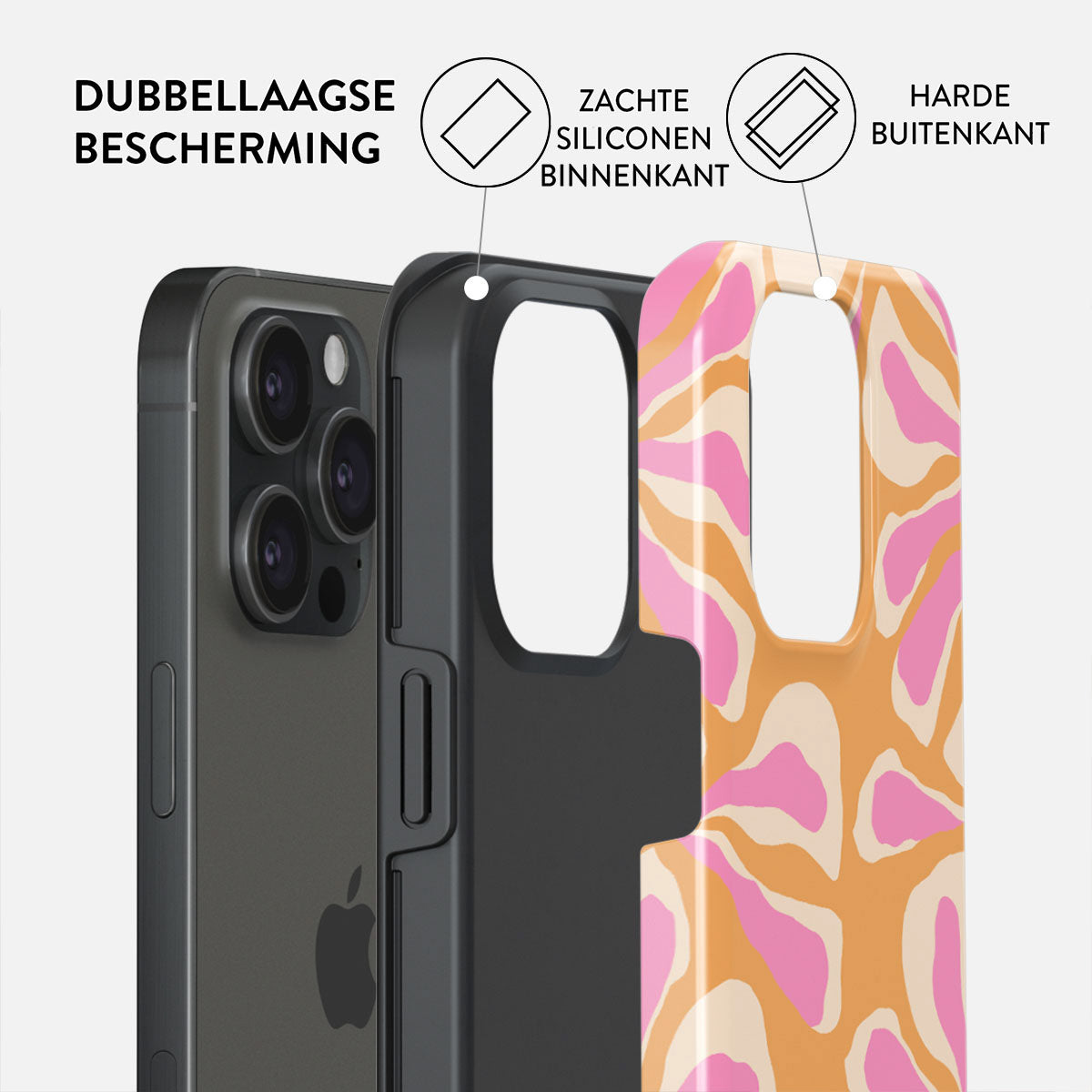 Telefoonhoes onderdelen: zwarte binnenkant, patroon buitenkant met roze en oranje wervelingen. Tekst: 'Dubbellaagse bescherming', 'Zachte siliconen binnenkant' en 'Harde buitenkant'.