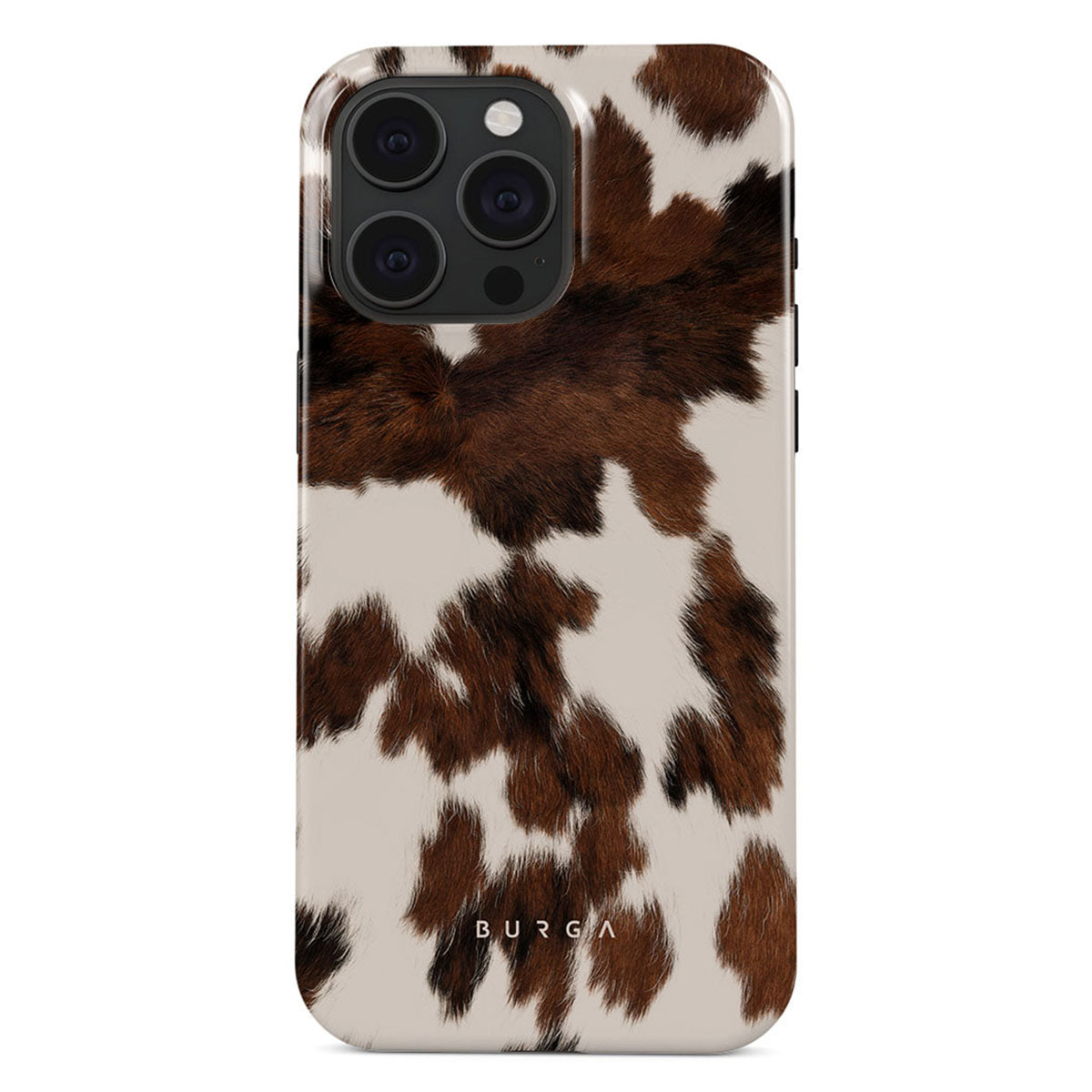 Een telefoonhoesje met een koeienhuidpatroon in bruin en wit. De hoes heeft een cameramodule linksboven en de merknaam onderaan.