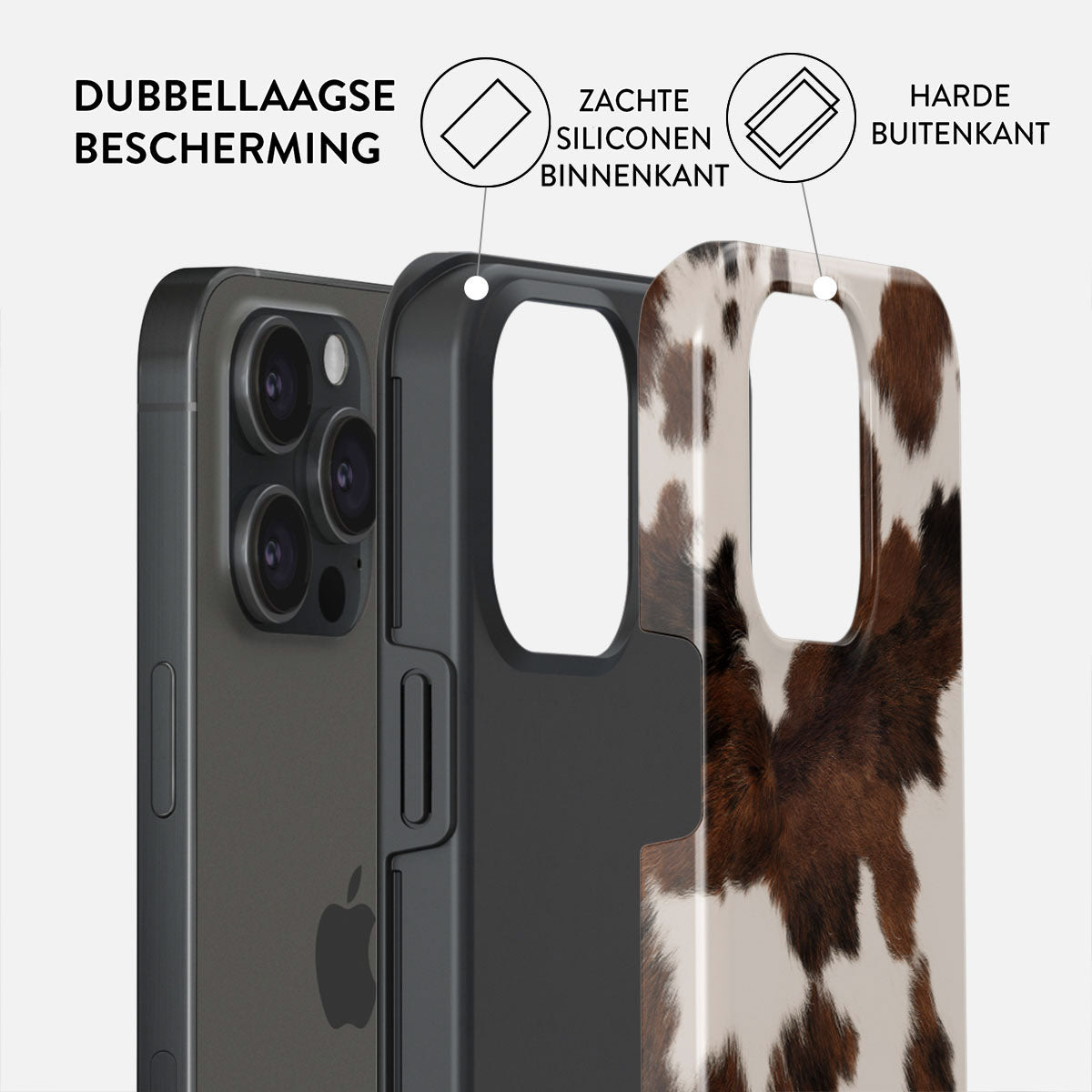 Telefoonhoes met lagen: telefoon, zwart frame, koeienprint. Tekst geeft dubbele bescherming aan met zachte siliconen binnenkant en harde buitenkant.