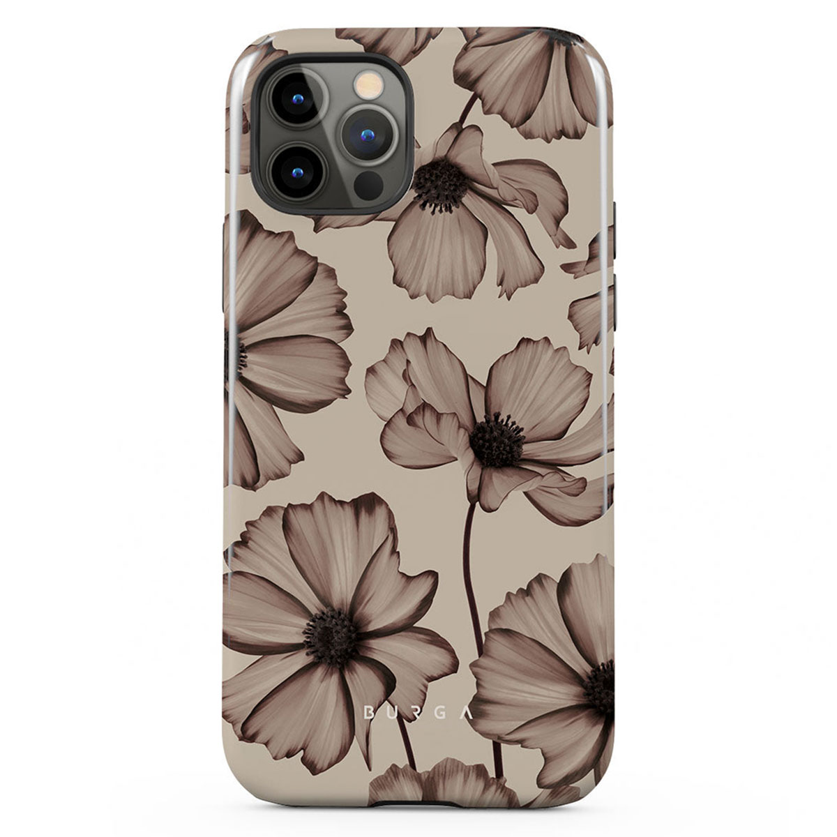 Coque de téléphone avec des fleurs marron sur fond beige. Les fleurs sont détaillées et ont des centres foncés. BURGA est écrit en bas.