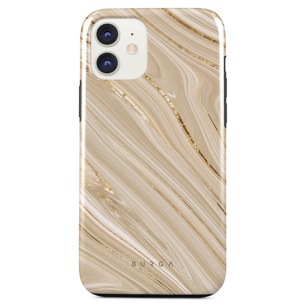 A phone case with a marble design in beige and gold. The case has a glossy finish with the brand name BURGA on it.