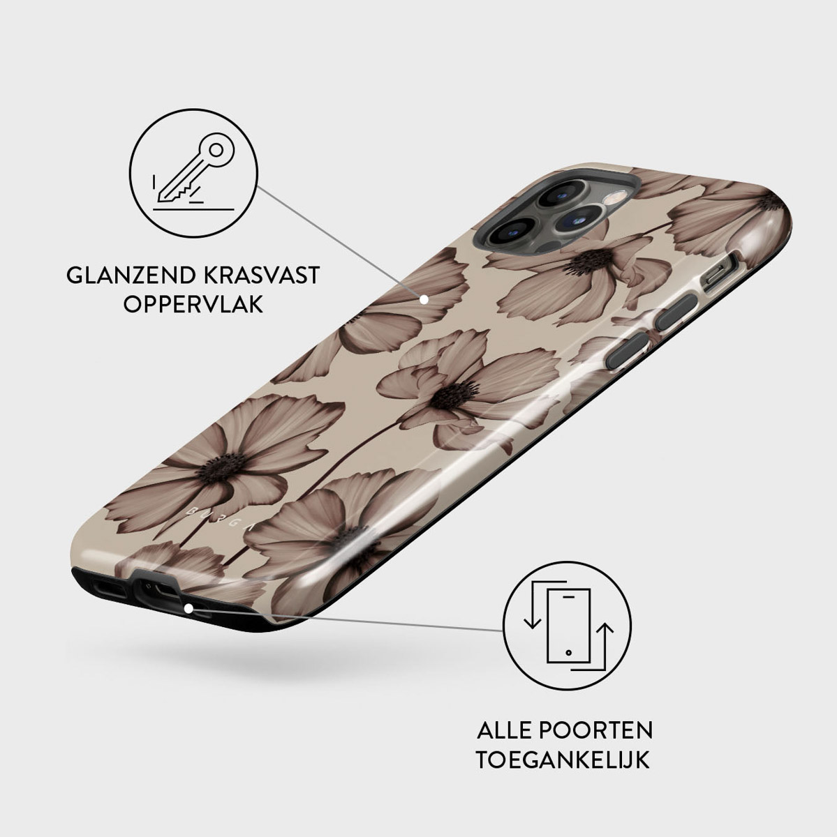 Une coque de téléphone avec un motif floral dans des tons bruns atténués. La coque a une finition brillante et est présentée avec des icônes d'information.