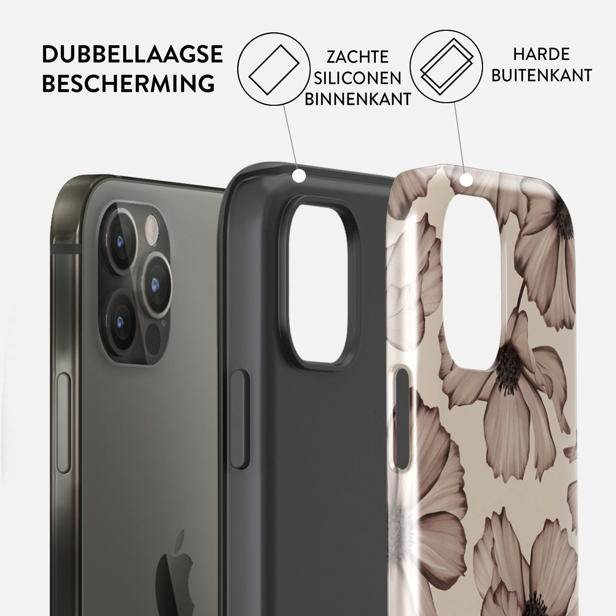 L'image montre une coque de téléphone. Elle a une conception à double couche avec un intérieur en silicone souple et une coque extérieure dure, motif floral.