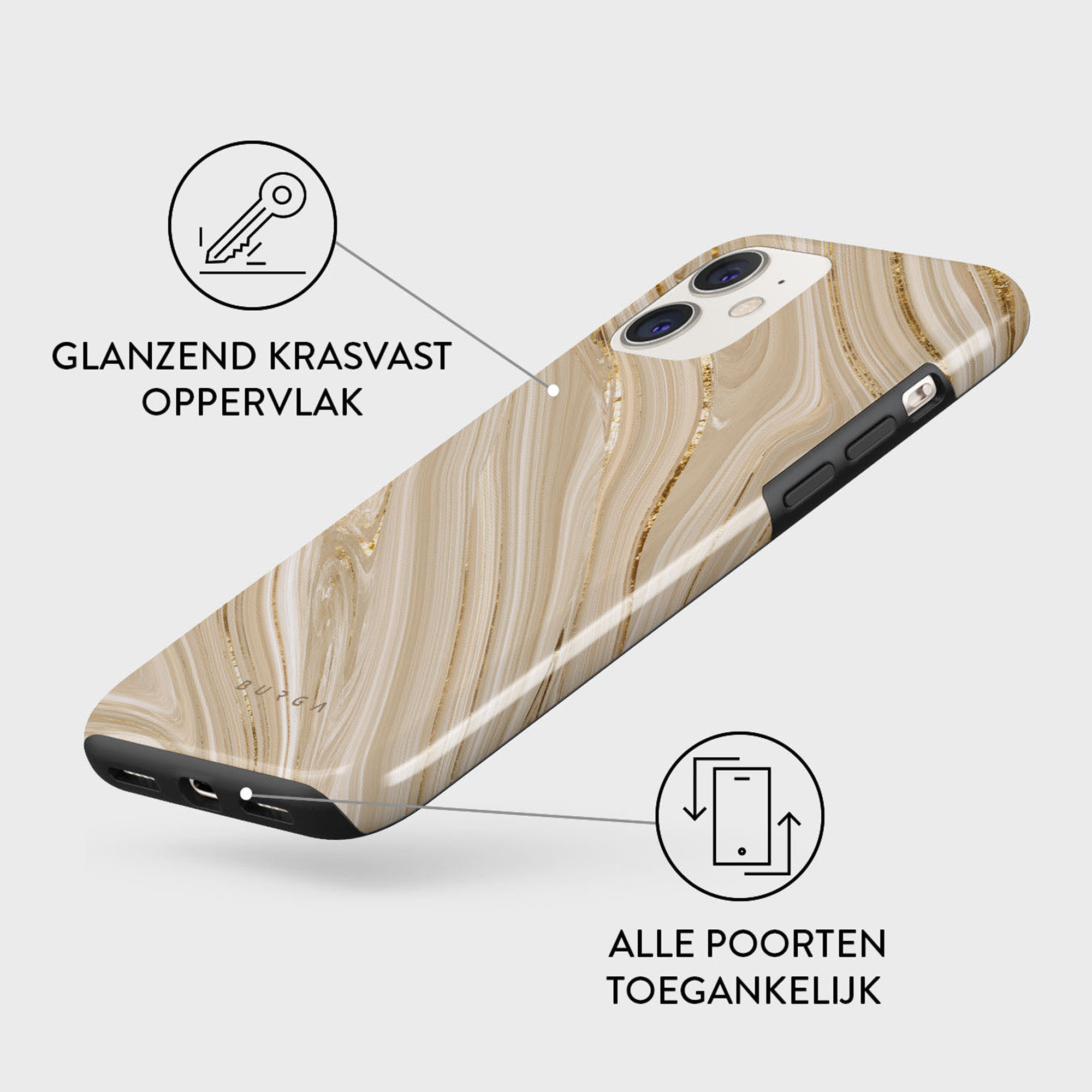 A phone case with a marble design. It has gold veins and black edges. Text indicates a glossy, scratch-resistant surface.