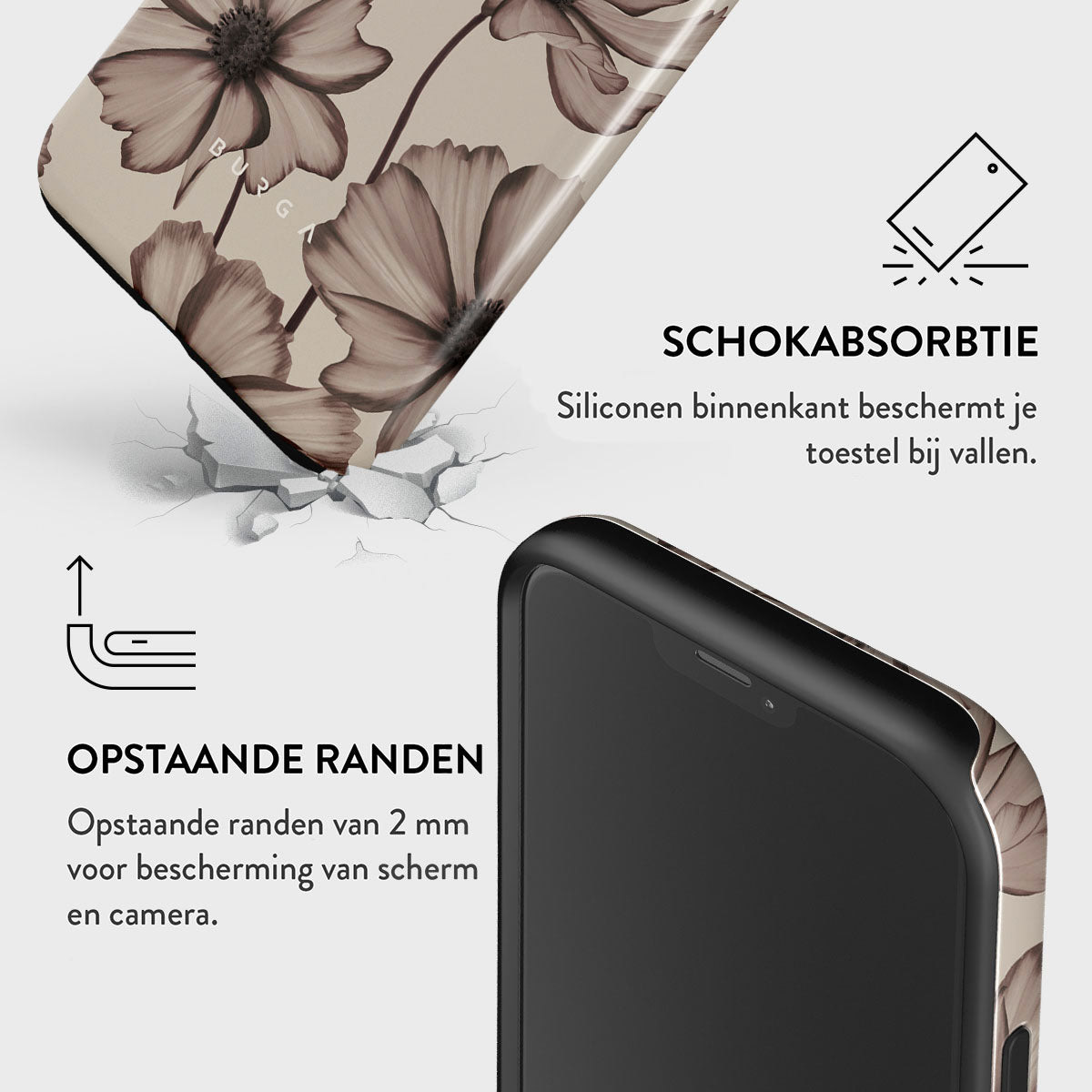 Un iPhone dans un étui floral est montré. Le texte indique l'absorption des chocs et des bords surélevés pour la protection de l'écran et de la caméra.
