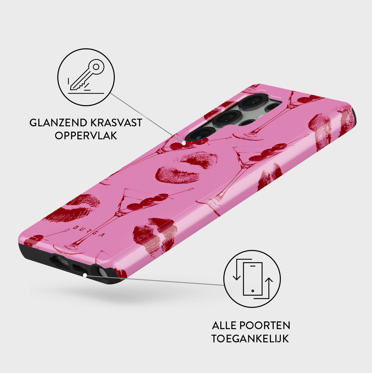 Roze telefoonhoesje met rode lippenstiftvlekken en cocktailglazen. Zwarte cirkels met Nederlandse tekst.