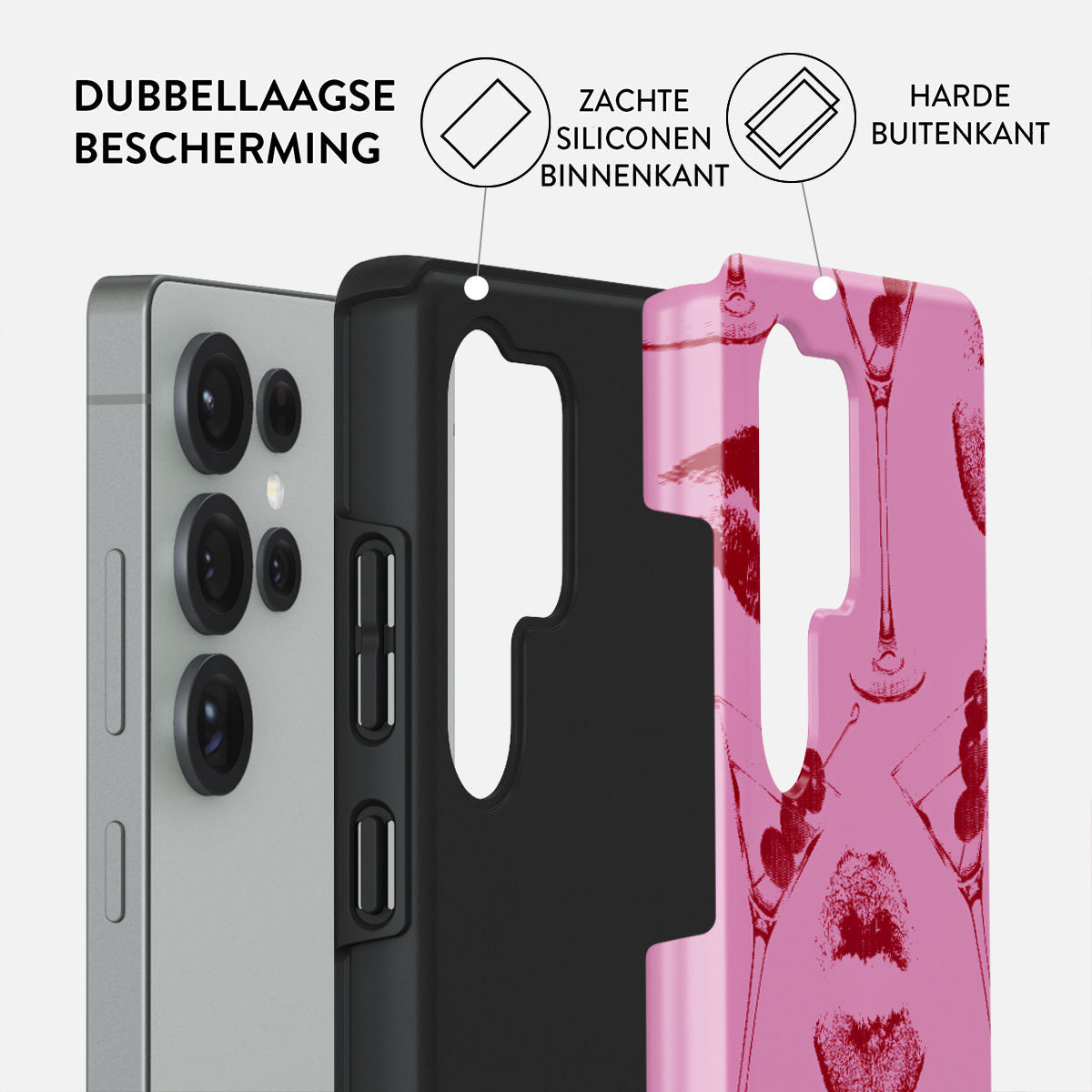 Telefoonhoesje, met lagen: telefoon, zwarte laag, roze laag met cocktailglasontwerp. Tekst: dubbellaagse bescherming.